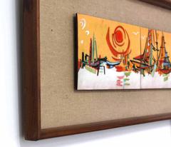 Walnut Framed Enamel Tiles Ship Bay Motif Plaque