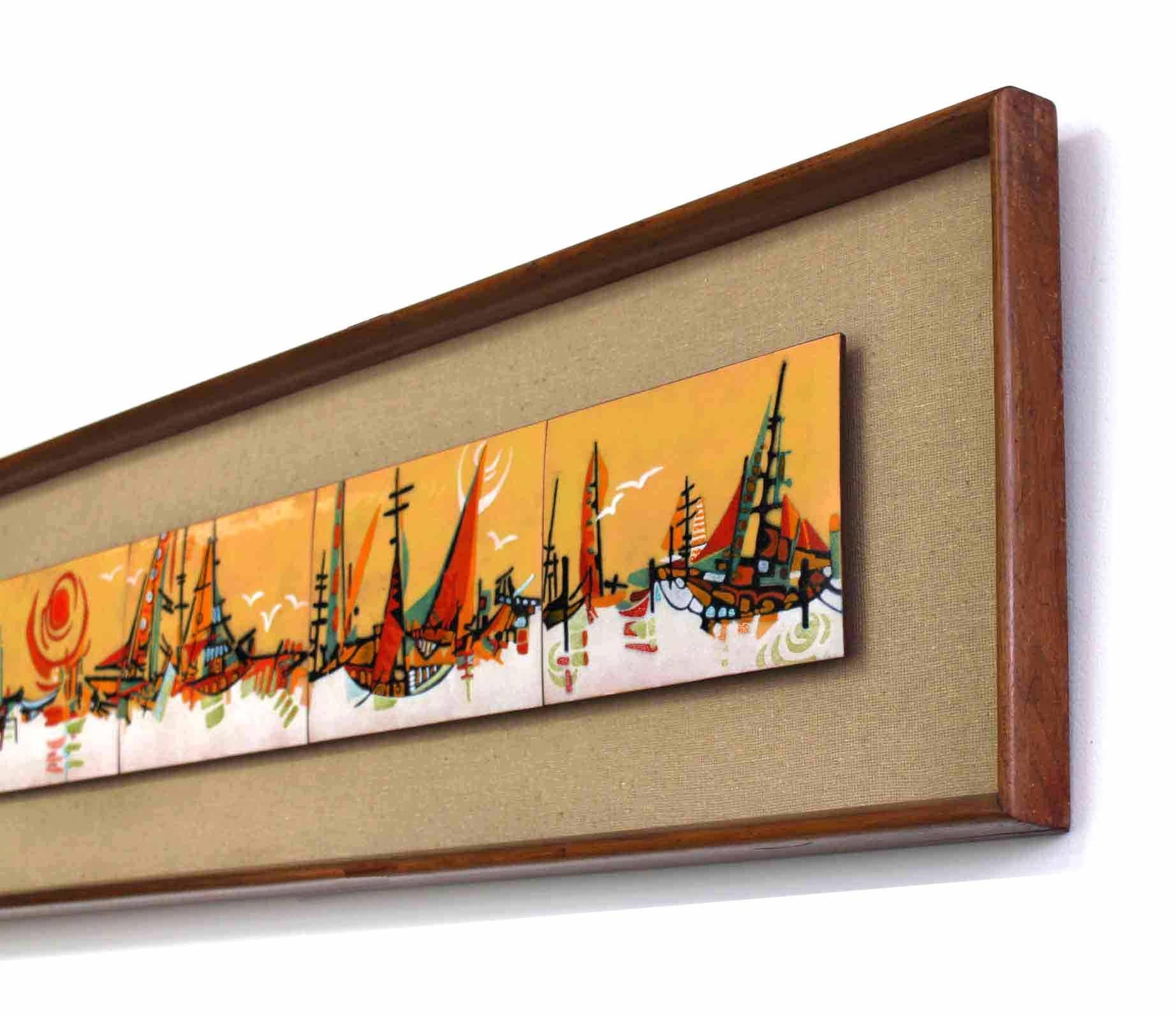 Walnut Framed Enamel Tiles Ship Bay Motif Plaque In Excellent Condition For Sale In Rockaway, NJ