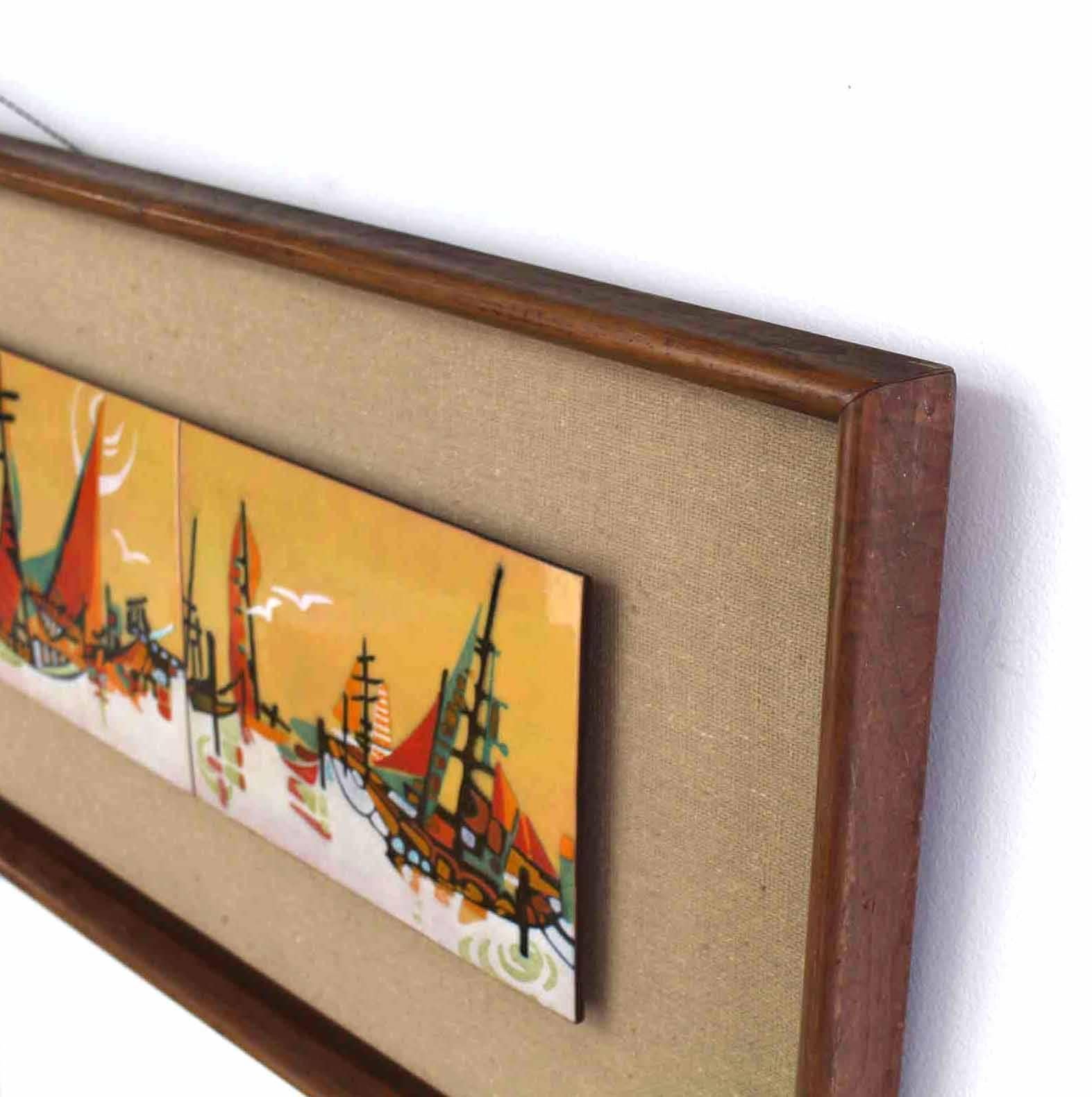 20th Century Walnut Framed Enamel Tiles Ship Bay Motif Plaque For Sale