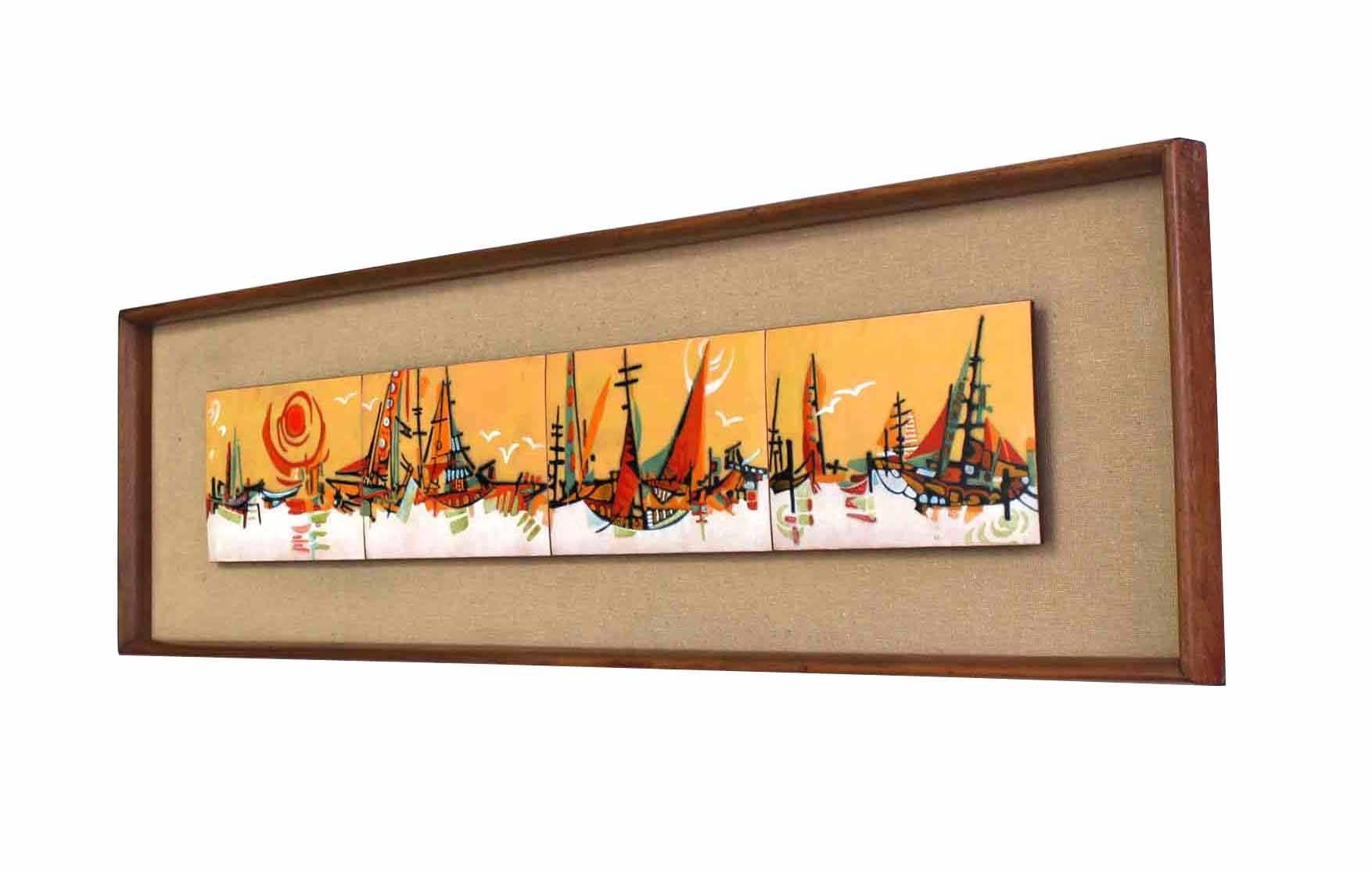 Walnut Framed Enamel Tiles Ship Bay Motif Plaque For Sale 1