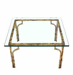 Gilt Metal Faux Bamboo Thick Glass Top Square Coffee Table