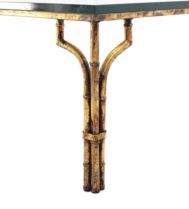 Mid-Century Modern Gilt Metal Faux Bamboo Thick Glass Top Square Coffee Table For Sale