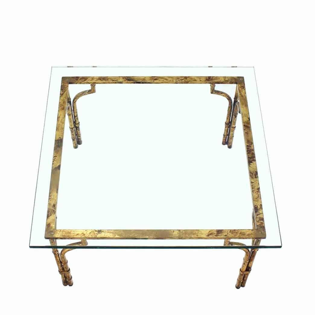 American Gilt Metal Faux Bamboo Thick Glass Top Square Coffee Table For Sale