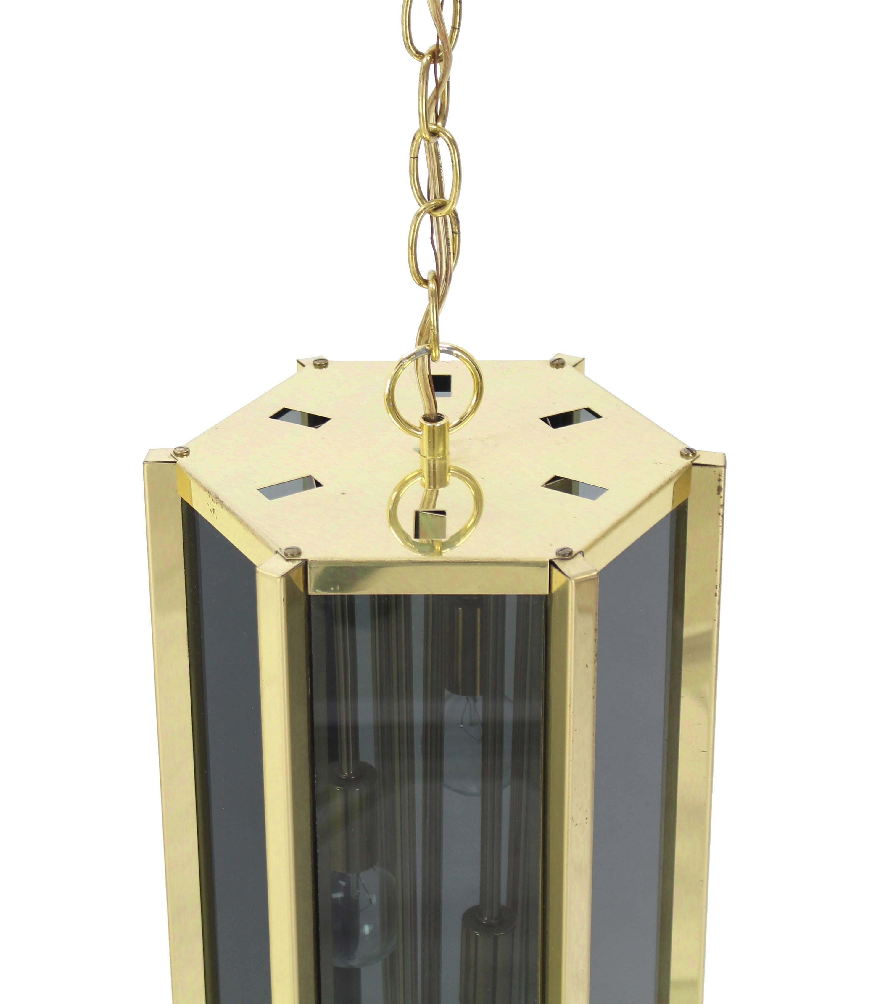Tall and Narrow Smoked Glass and Brass Pendant Light Fixture In Excellent Condition For Sale In Rockaway, NJ