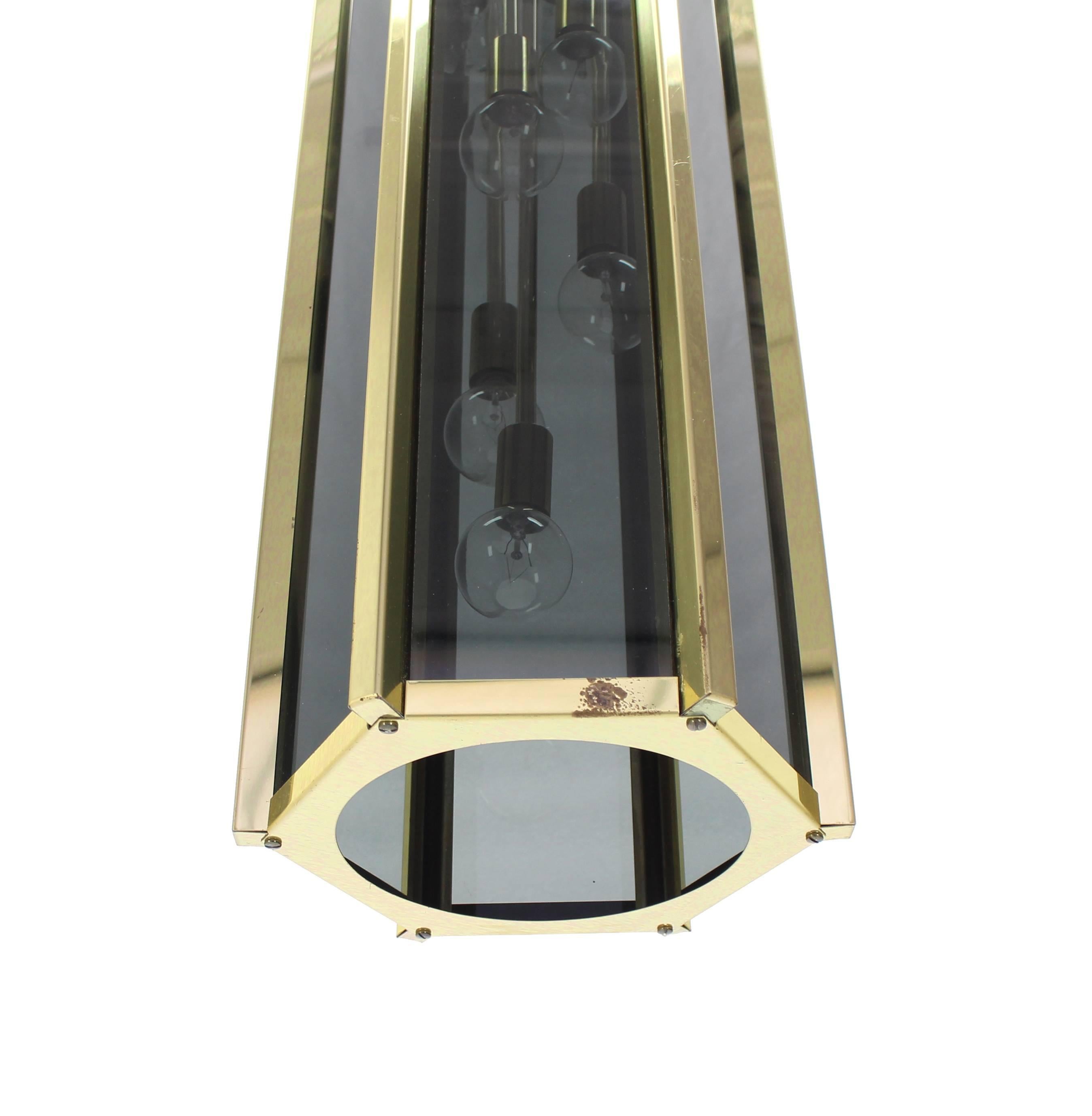 Tall and Narrow Smoked Glass and Brass Pendant Light Fixture For Sale 1