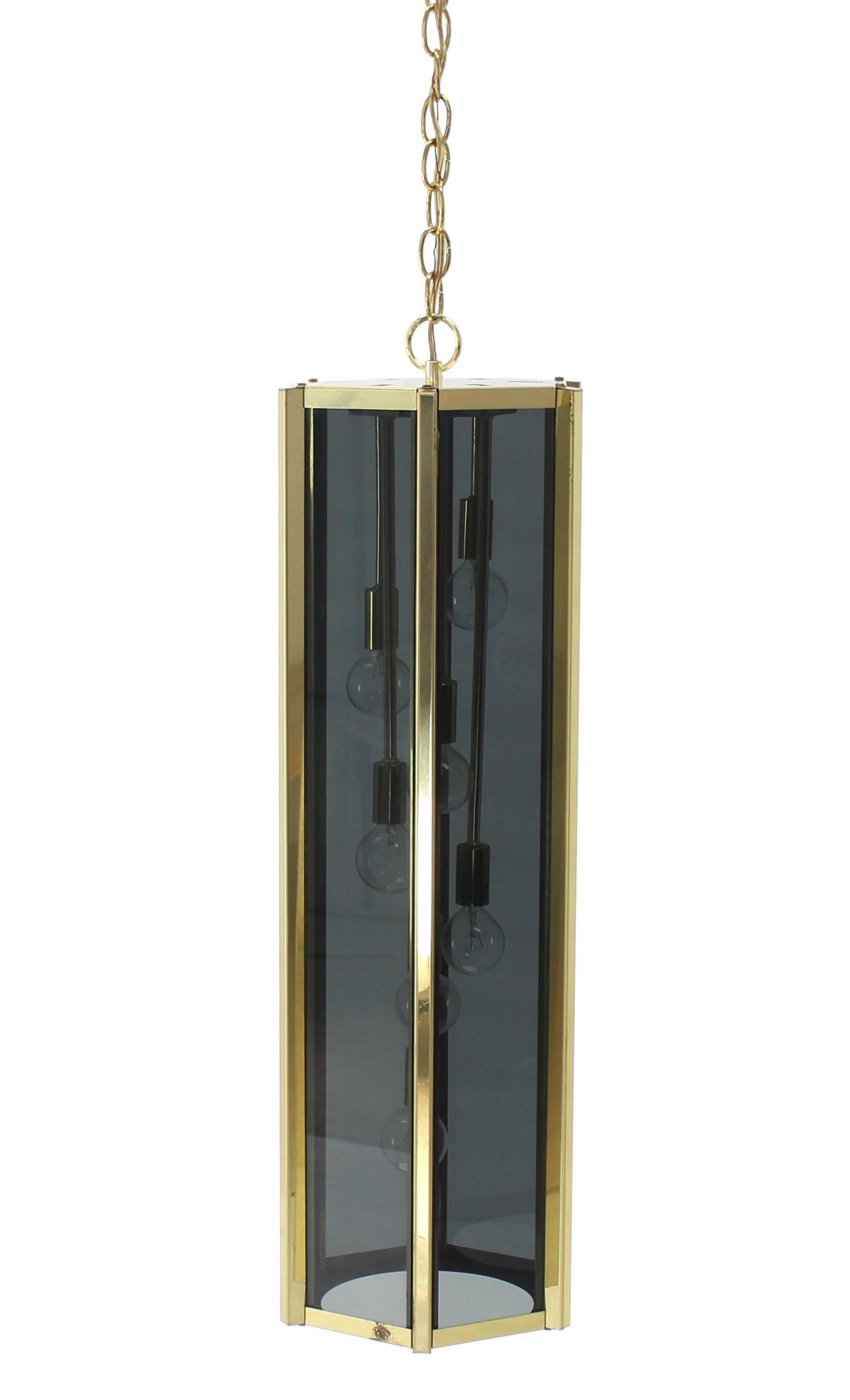 Tall and Narrow Smoked Glass and Brass Pendant Light Fixture For Sale 2
