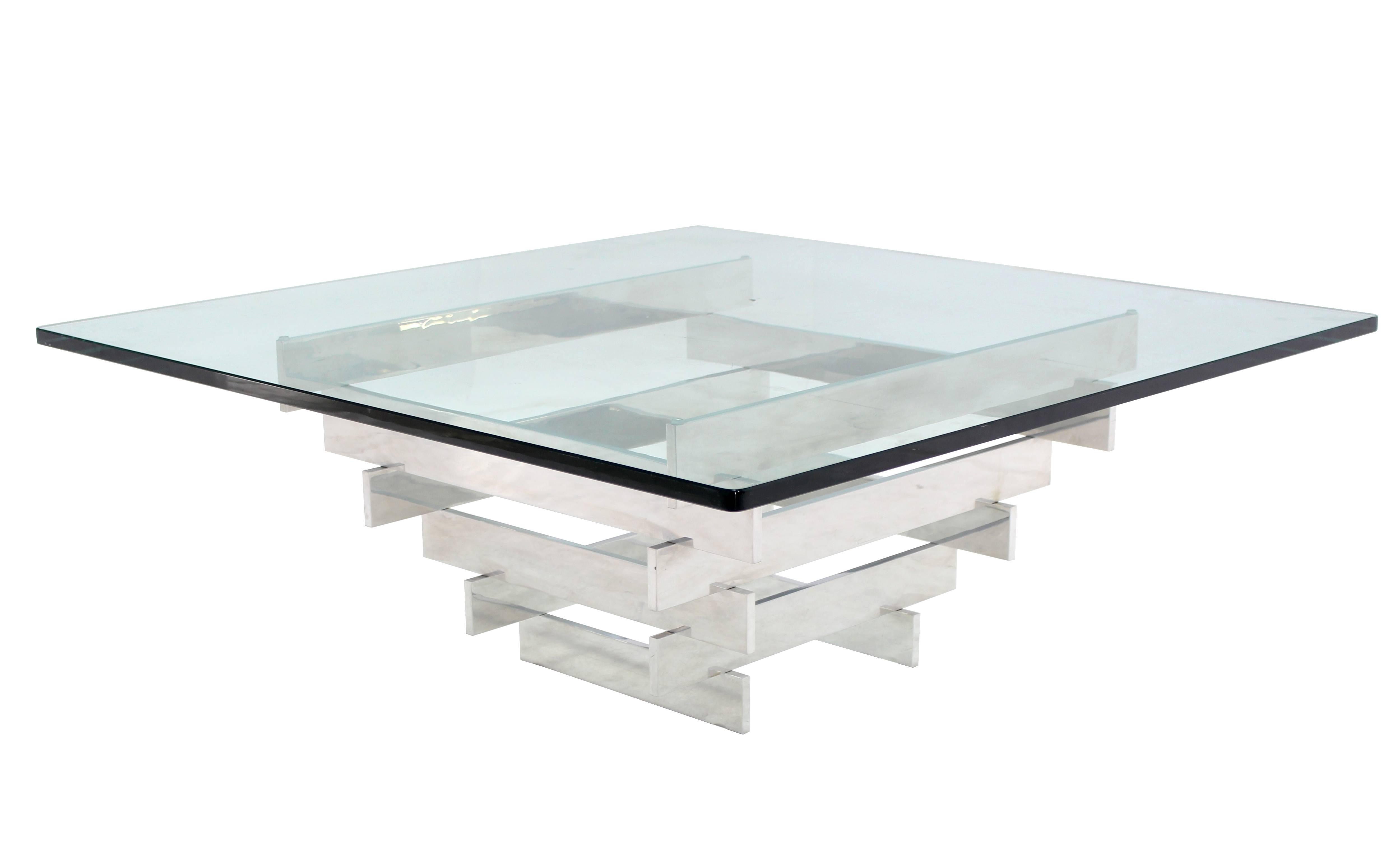 American Square Thick Glass Top Stainless Pyramid Shape Base Coffee Table