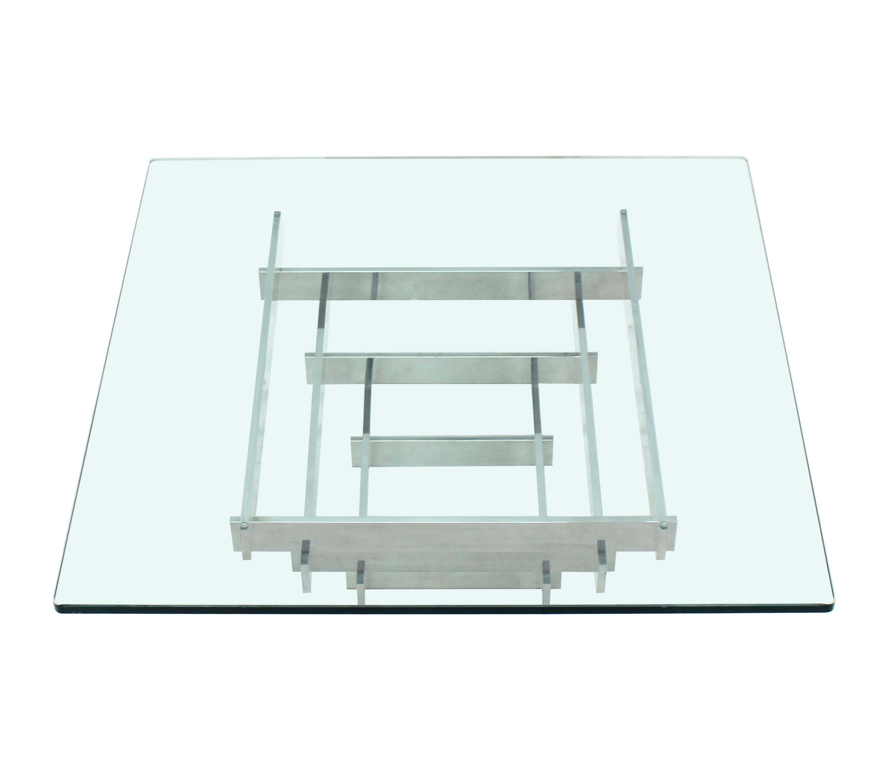 Square Thick Glass Top Stainless Pyramid Shape Base Coffee Table In Excellent Condition In Rockaway, NJ
