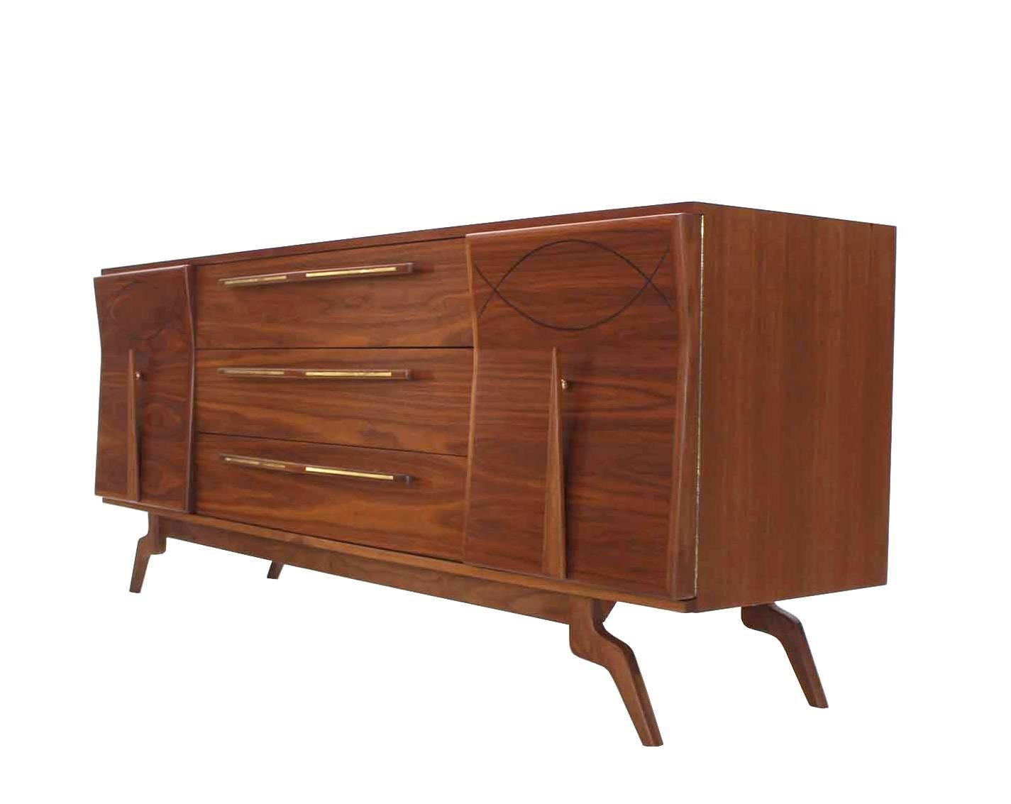 American Outstanding Mid-Century Walnut Dresser with Heavy Sculptural Hardware For Sale