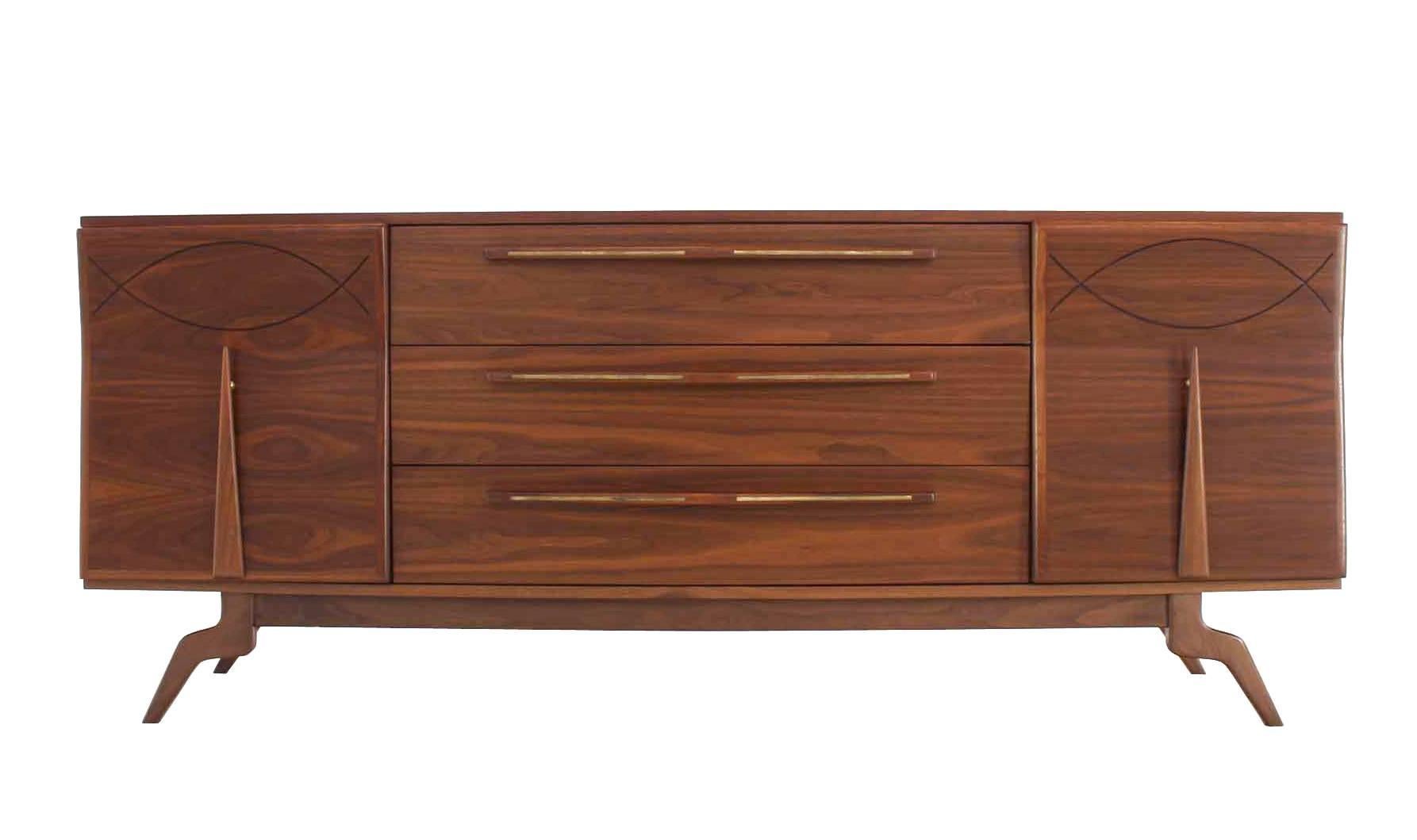 Outstanding Mid-Century Walnut Dresser with Heavy Sculptural Hardware For Sale 1