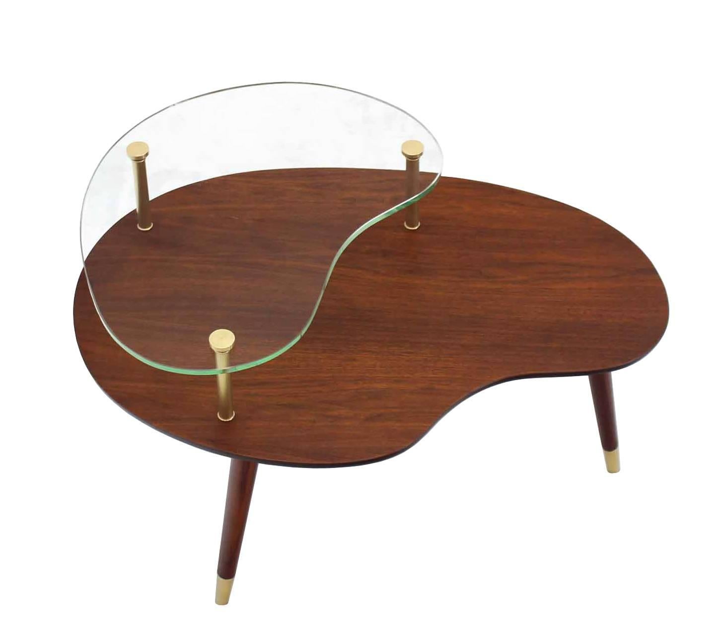 Mid-Century Modern Walnut Glass and Brass Organic Shape Side Table