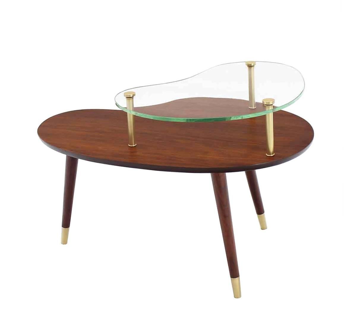 20th Century Walnut Glass and Brass Organic Shape Side Table