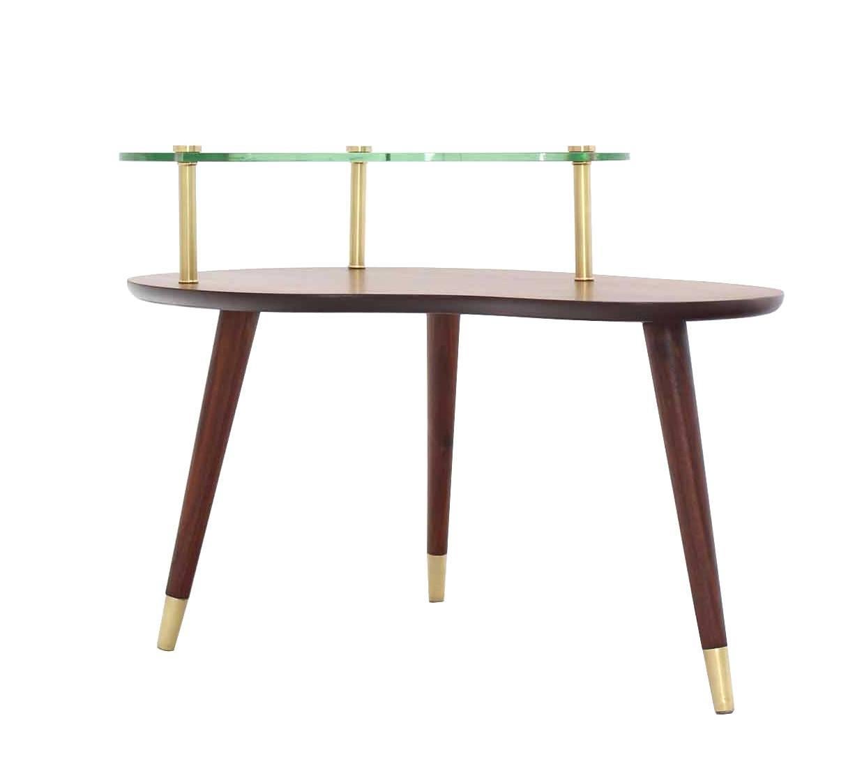 Walnut Glass and Brass Organic Shape Side Table 1