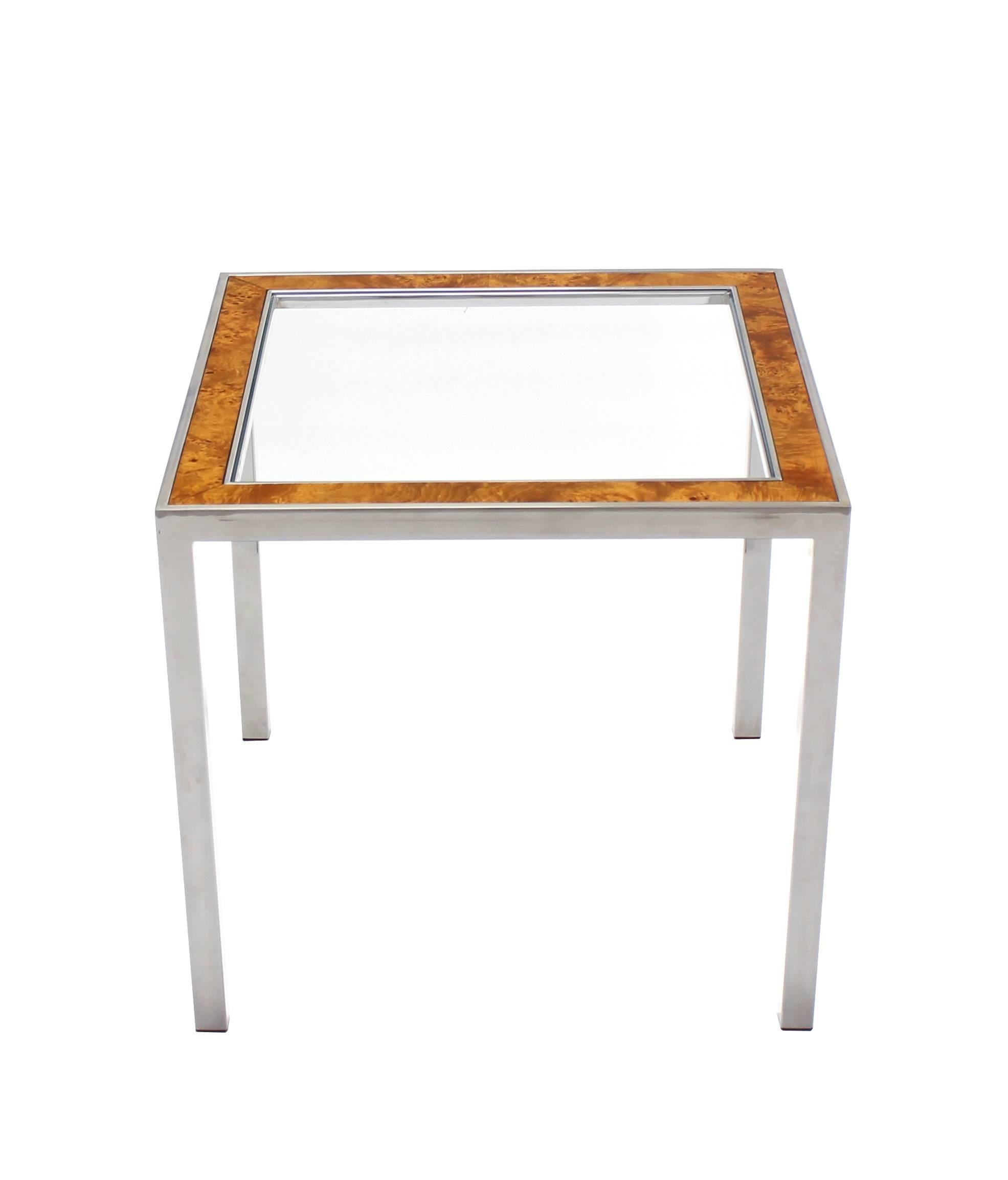 Mid-Century Modern Chrome Burl Wood Glass Square Side Table For Sale