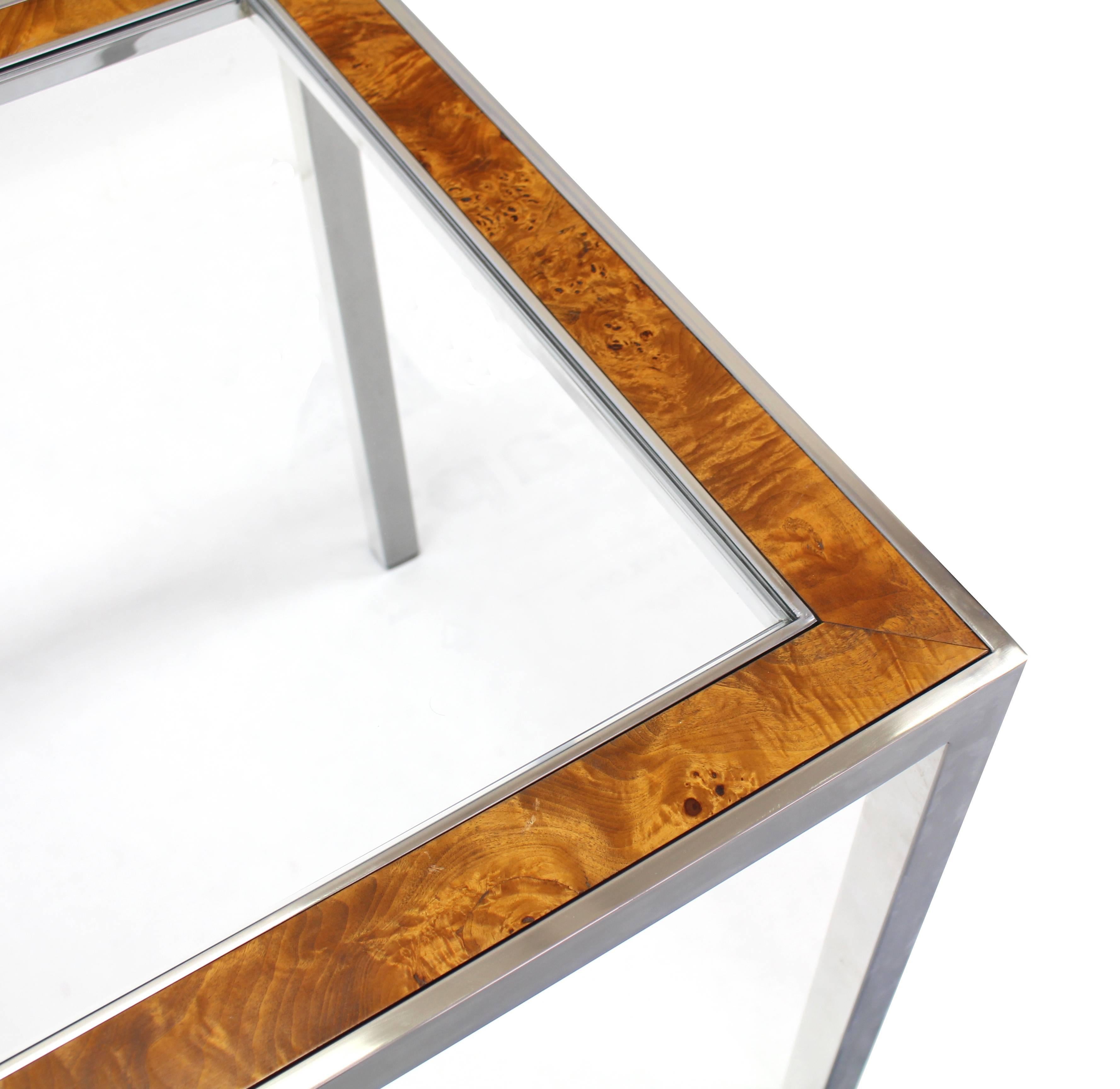 Chrome Burl Wood Glass Square Side Table For Sale 1