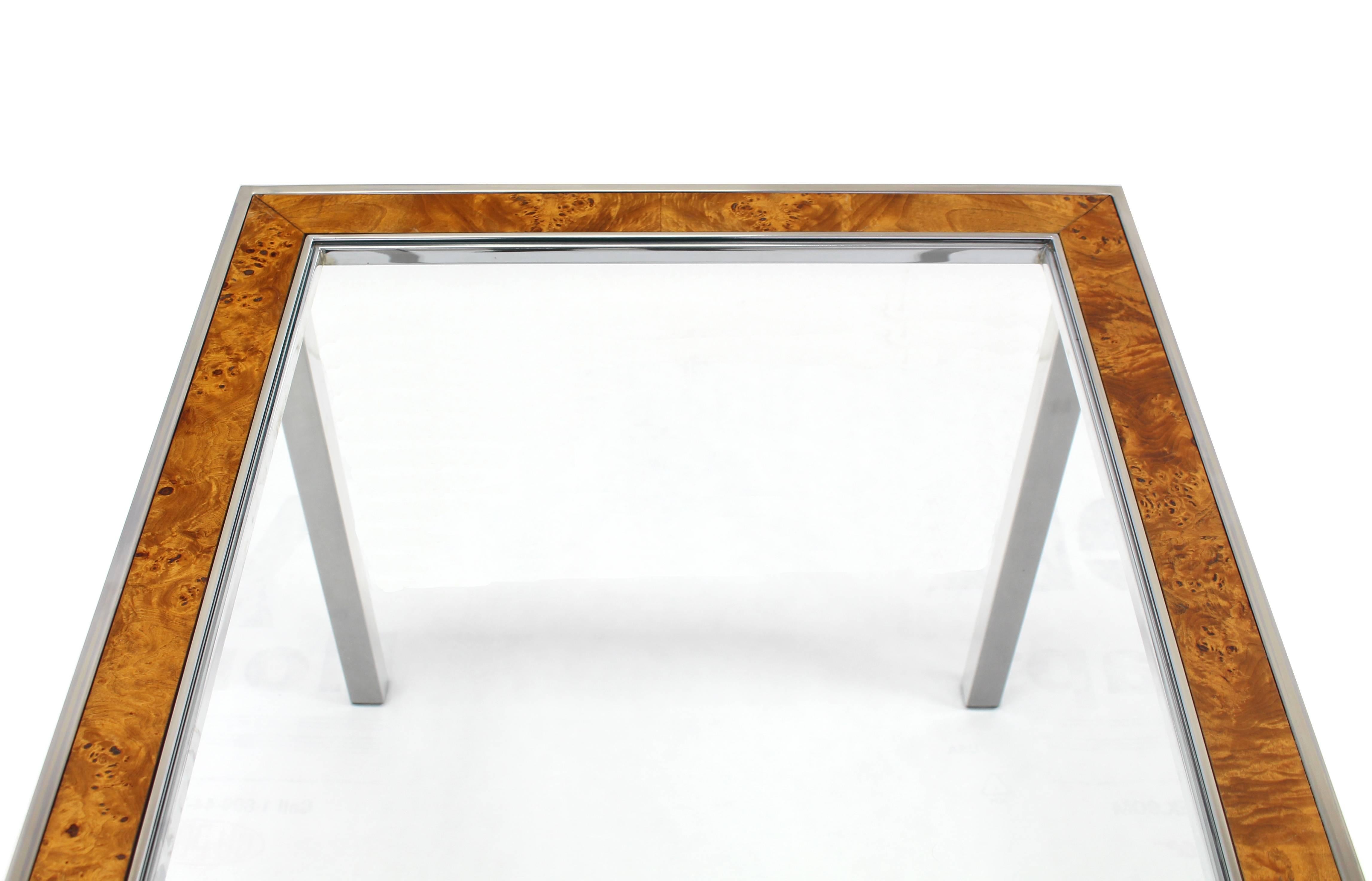 Table d'appoint carrée en bois de ronce de chrome et verre en vente 2
