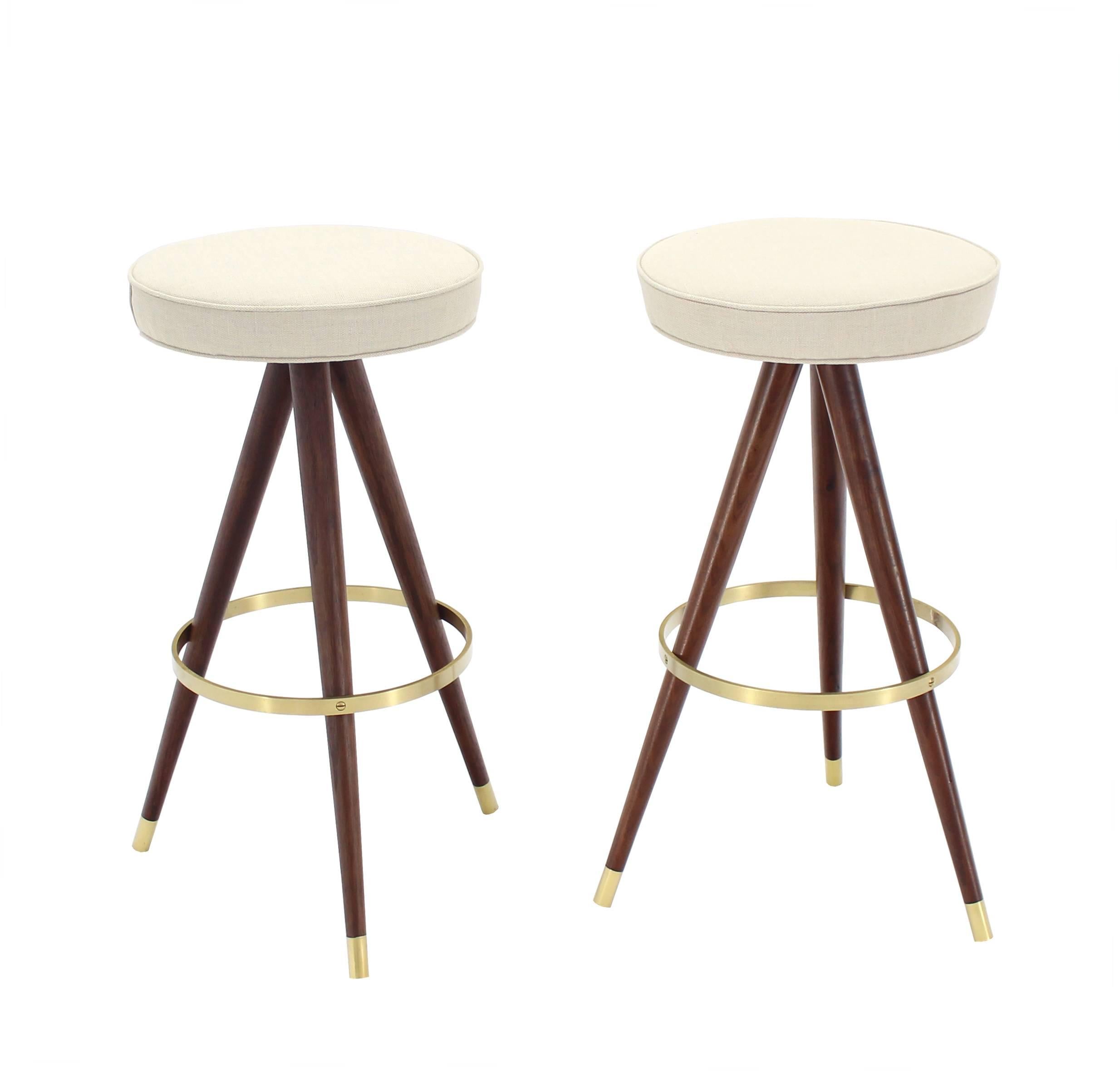 Mid-Century Modern Set of Four Mid-Century Oiled Walnut and Solid Brass Tri-Leg Bar Stools