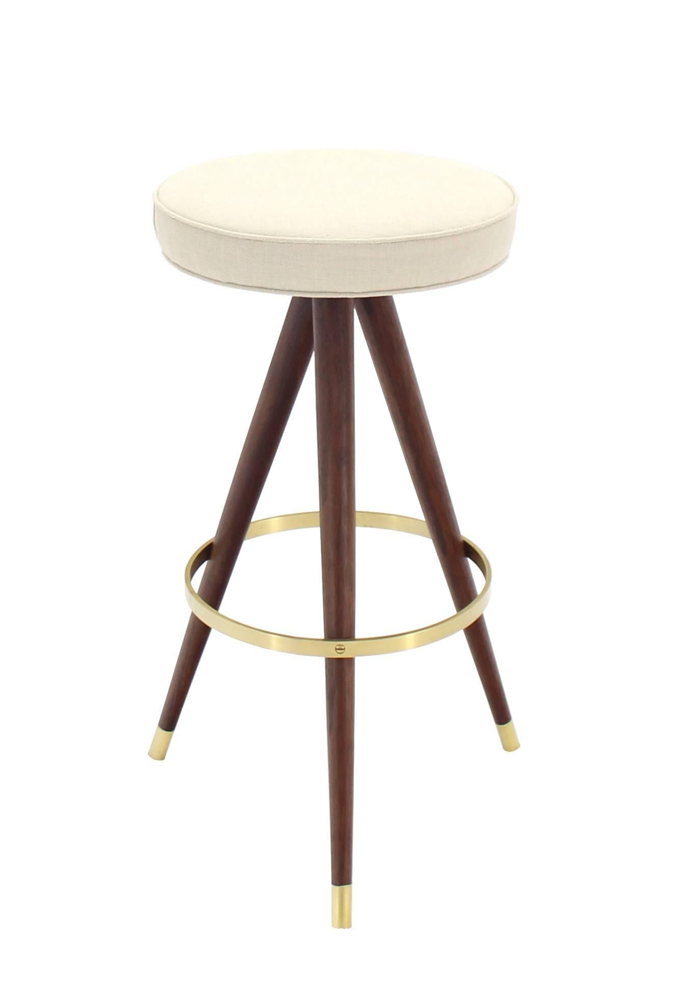 American Set of Four Mid-Century Oiled Walnut and Solid Brass Tri-Leg Bar Stools