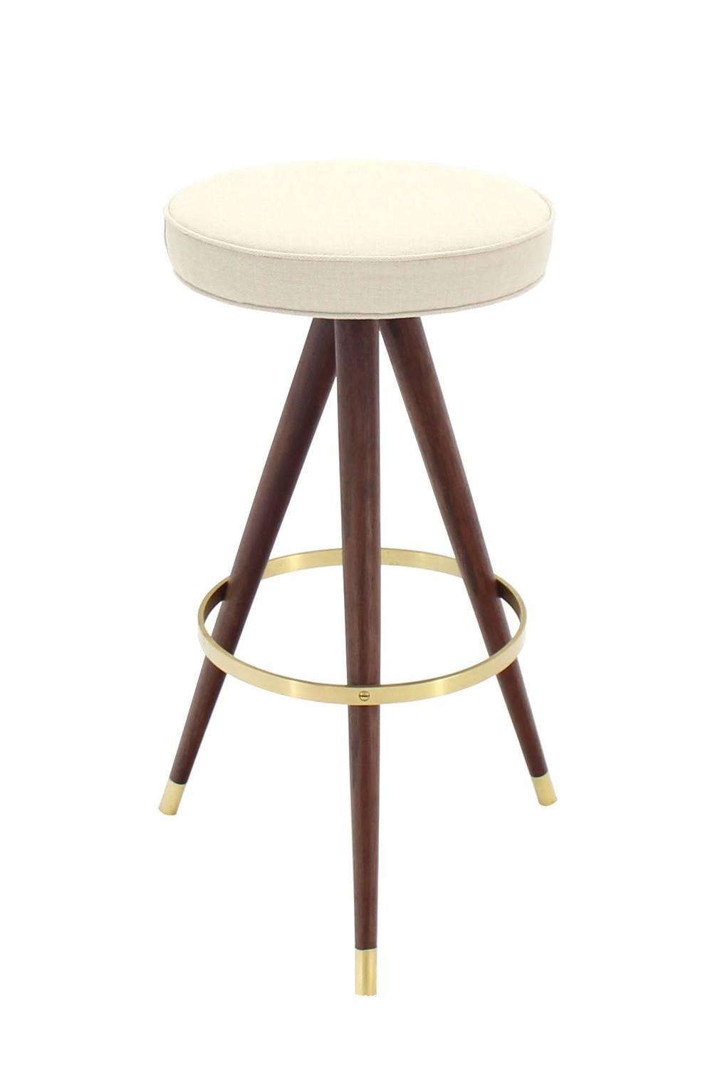 Set of Four MidCentury Oiled Walnut and Solid Brass TriLeg Bar Stools For Sale at 1stdibs
