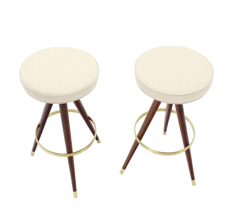 Set of Four MidCentury Oiled Walnut and Solid Brass TriLeg Bar Stools at 1stDibs