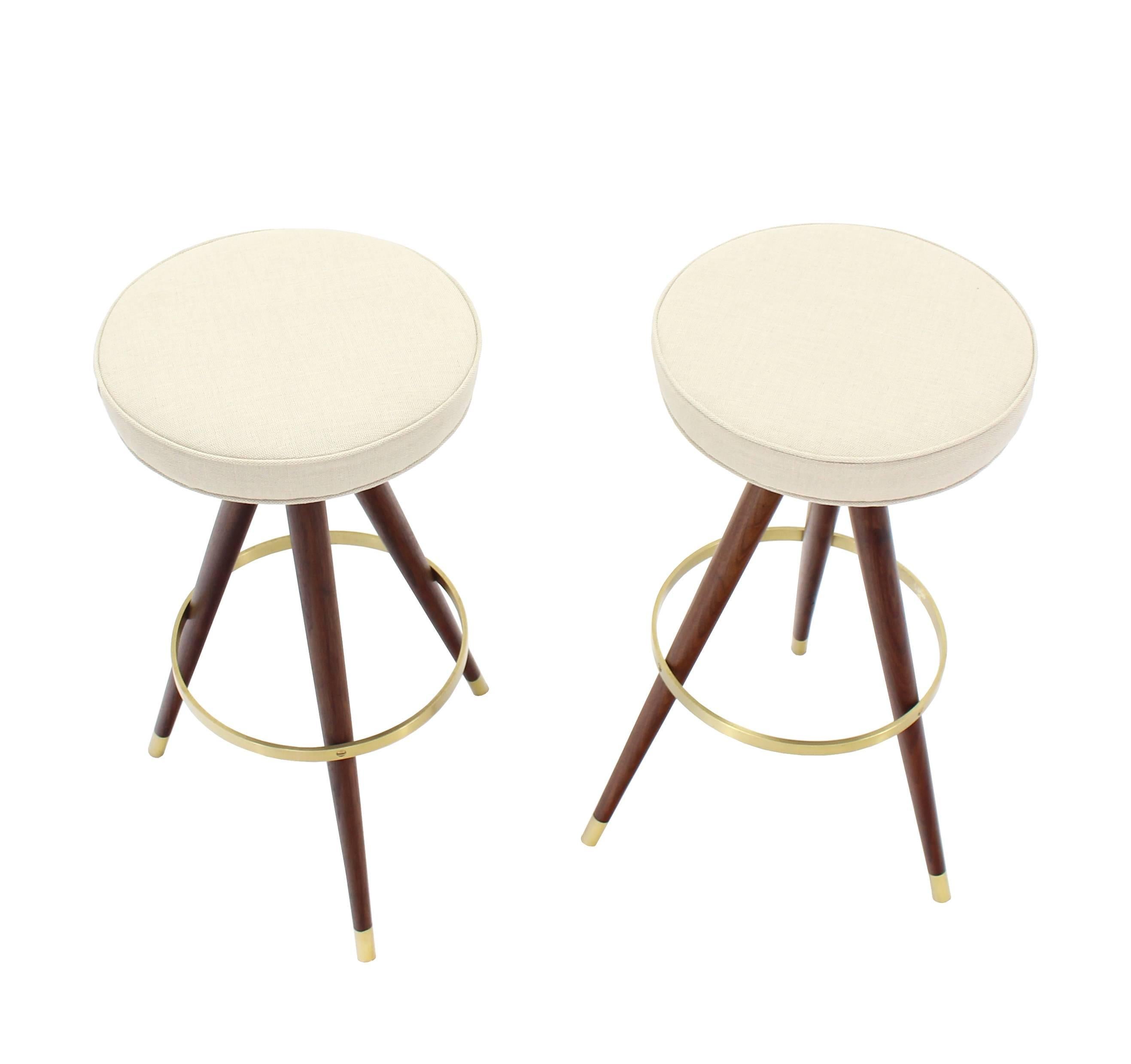 20th Century Set of Four Mid-Century Oiled Walnut and Solid Brass Tri-Leg Bar Stools