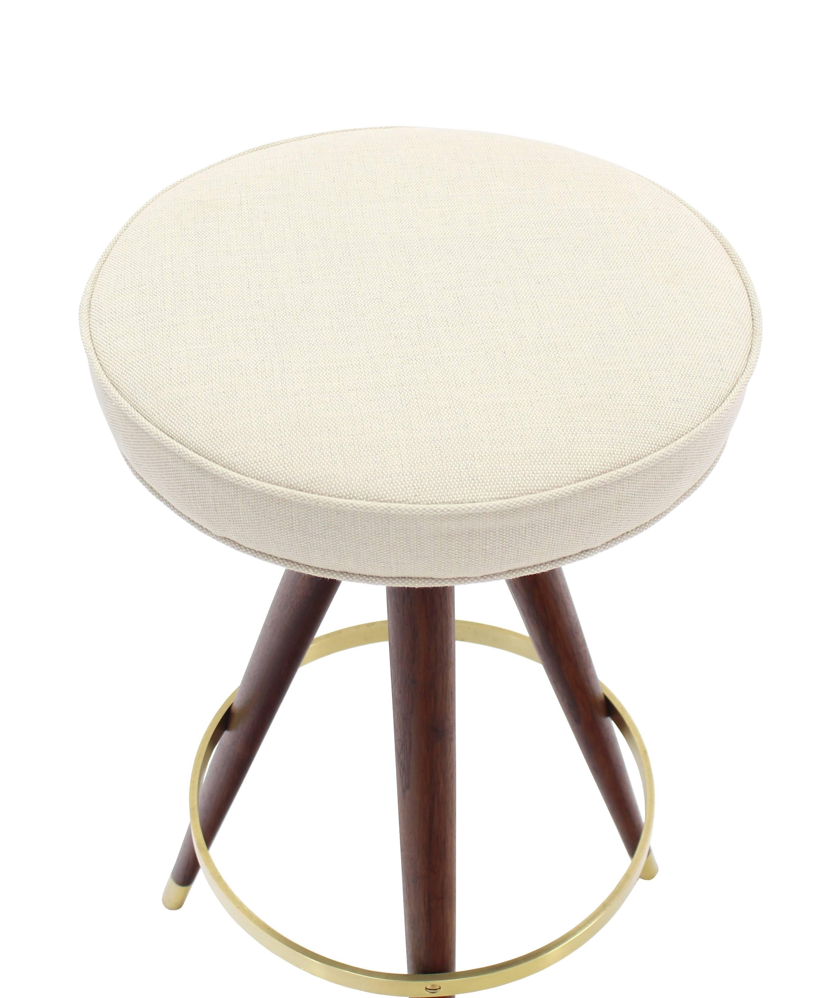 Set of Four Mid-Century Oiled Walnut and Solid Brass Tri-Leg Bar Stools 2