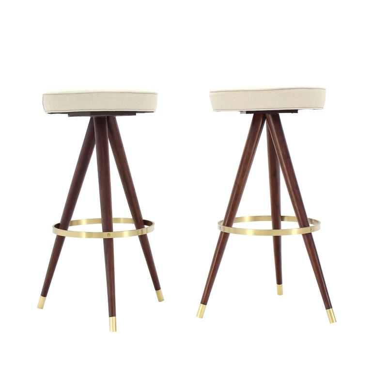 Set of Four Mid-Century Oiled Walnut and Solid Brass Tri-Leg Bar Stools at 1stDibs
