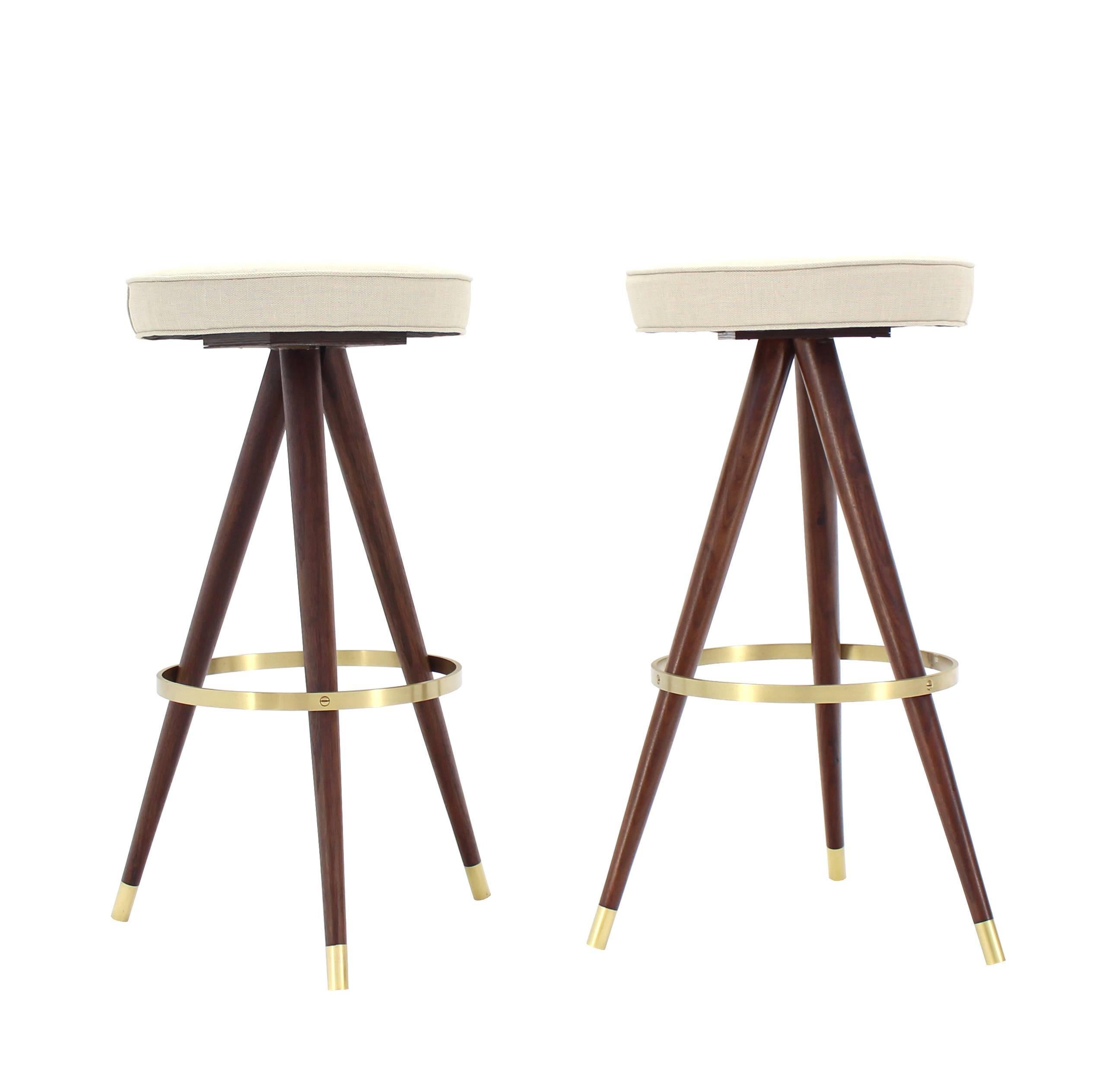 Set of Four Mid-Century Oiled Walnut and Solid Brass Tri-Leg Bar Stools 3
