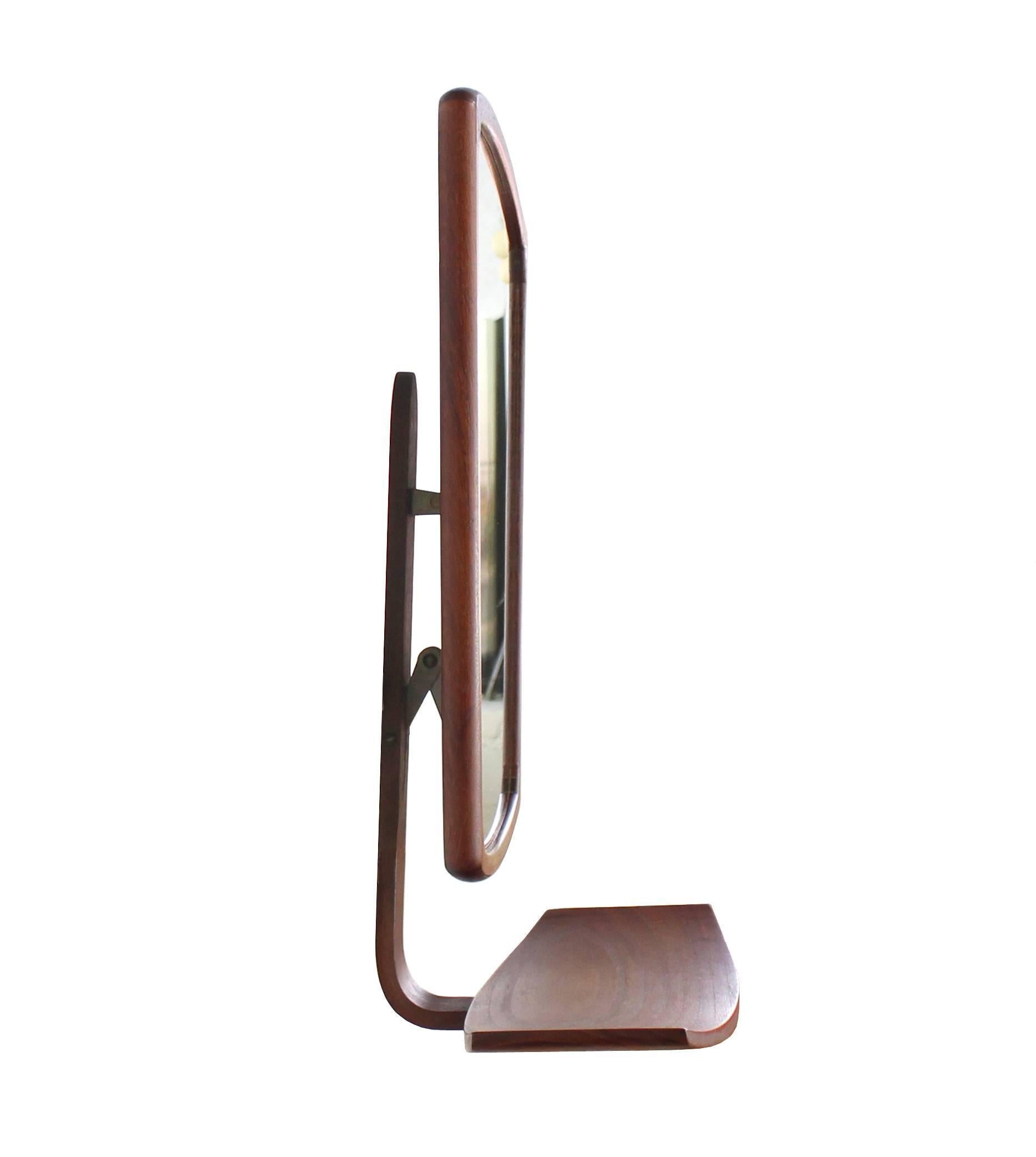 Danish Mid-Century Modern Adjustable Wall Mirror with Shelf In Excellent Condition For Sale In Rockaway, NJ