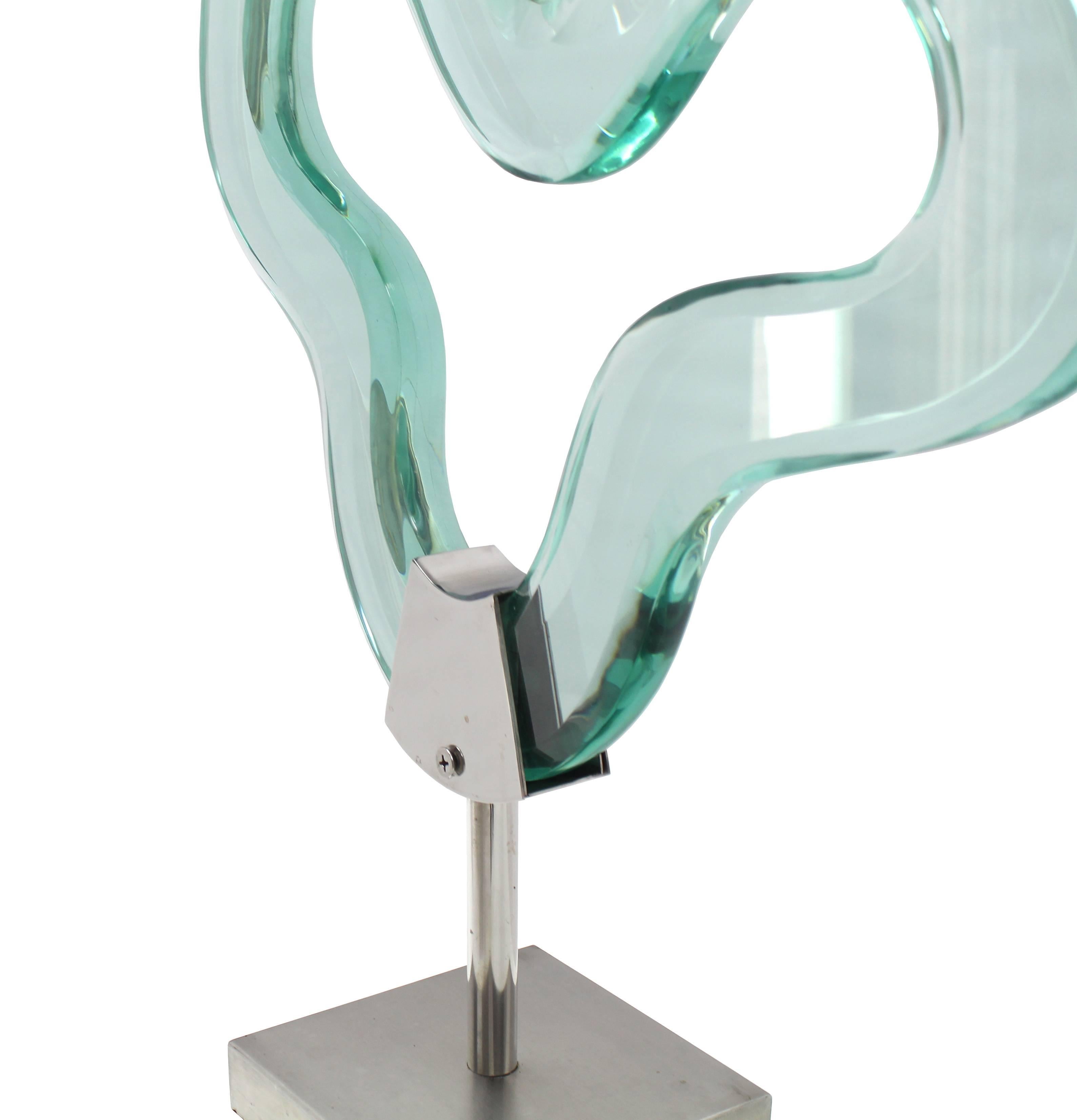 Large Carved Glass Ribbon on Chrome Base Sculpture  In Excellent Condition In Rockaway, NJ