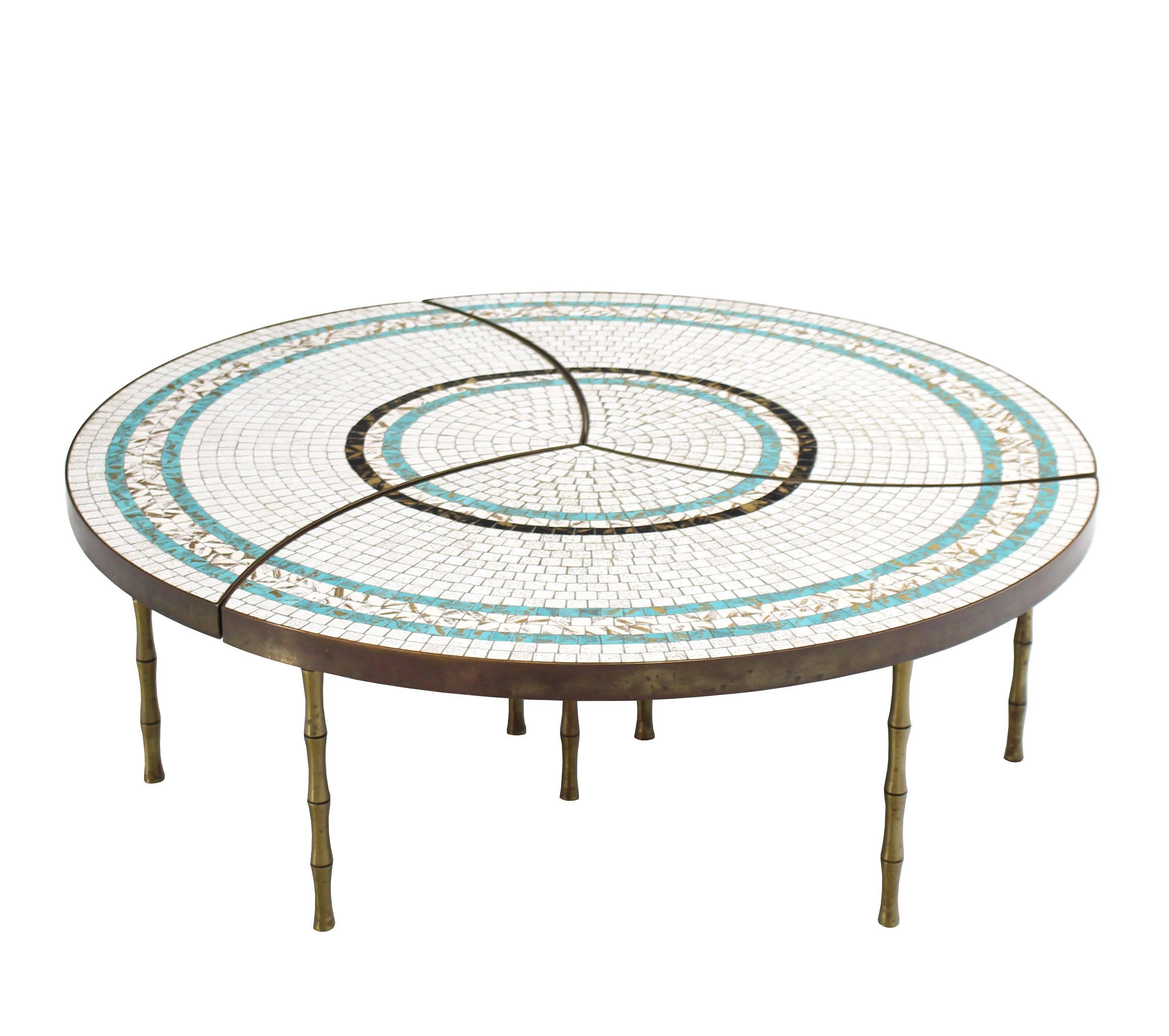 Very nice Mid-Century Modern round bronze and mosaic coffee table consisting of 3 