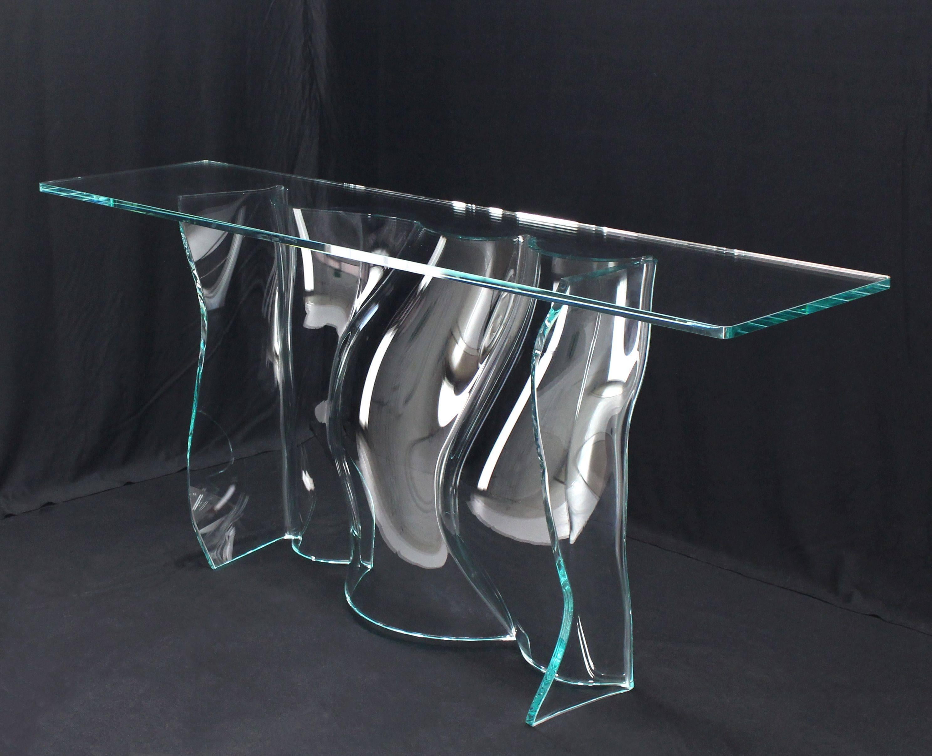 Mid-Century Modern Organic Free Form Molded Bent Glass Wave Pattern Large Console Table Glass Top For Sale