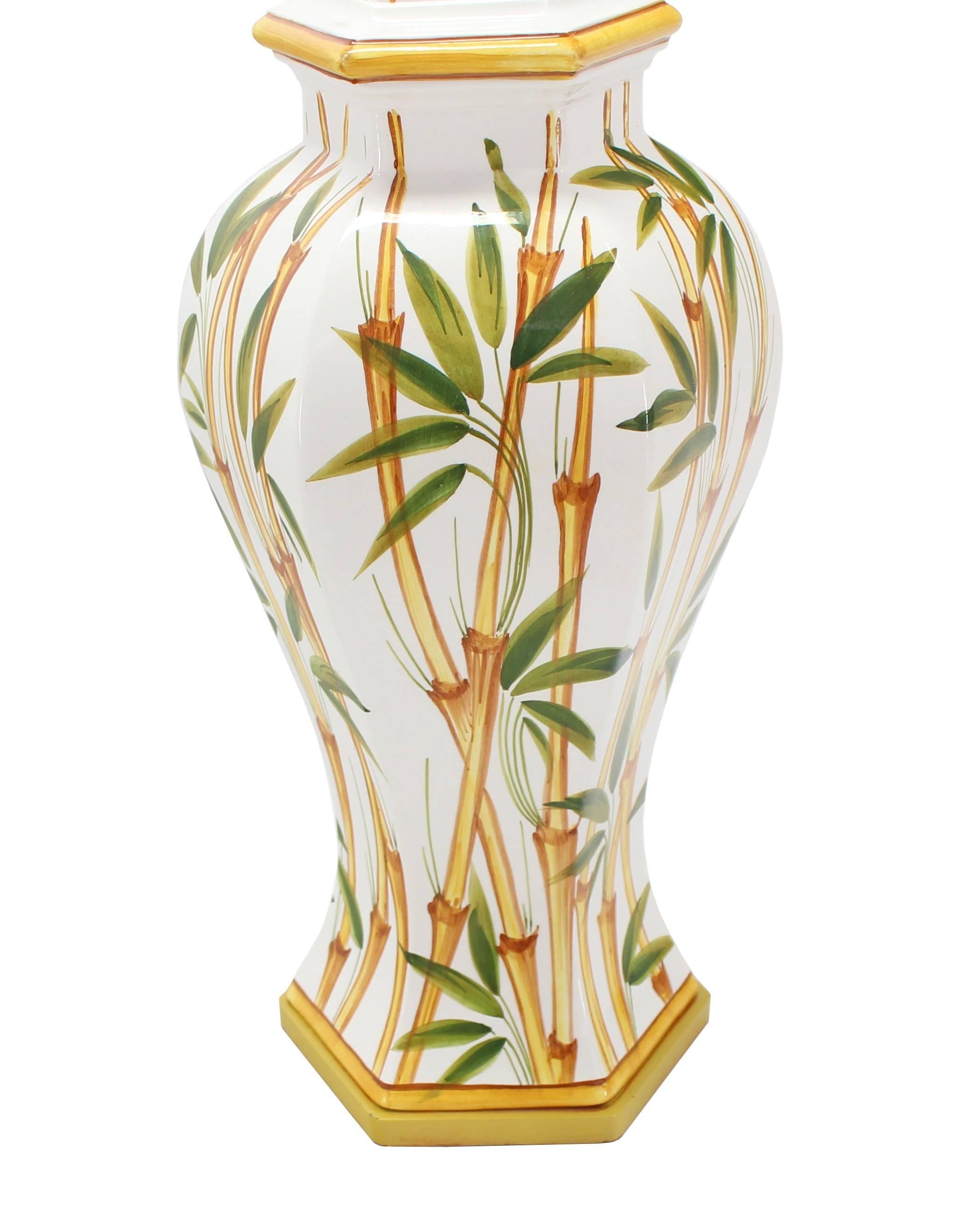 Pair of Bamboo Hand Decorated Table Lamps In Excellent Condition For Sale In Rockaway, NJ