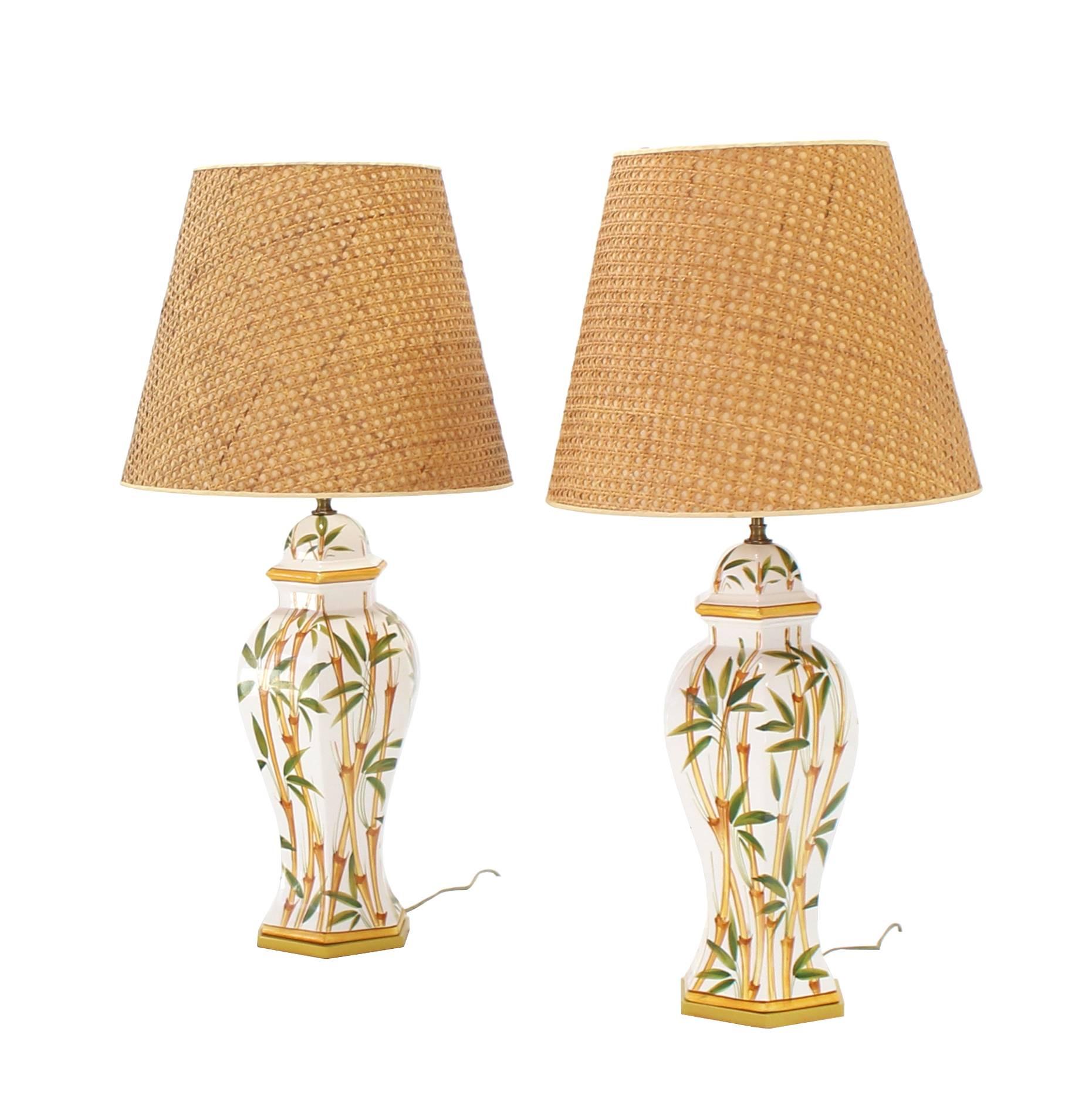 Pair of Bamboo Hand Decorated Table Lamps For Sale 2