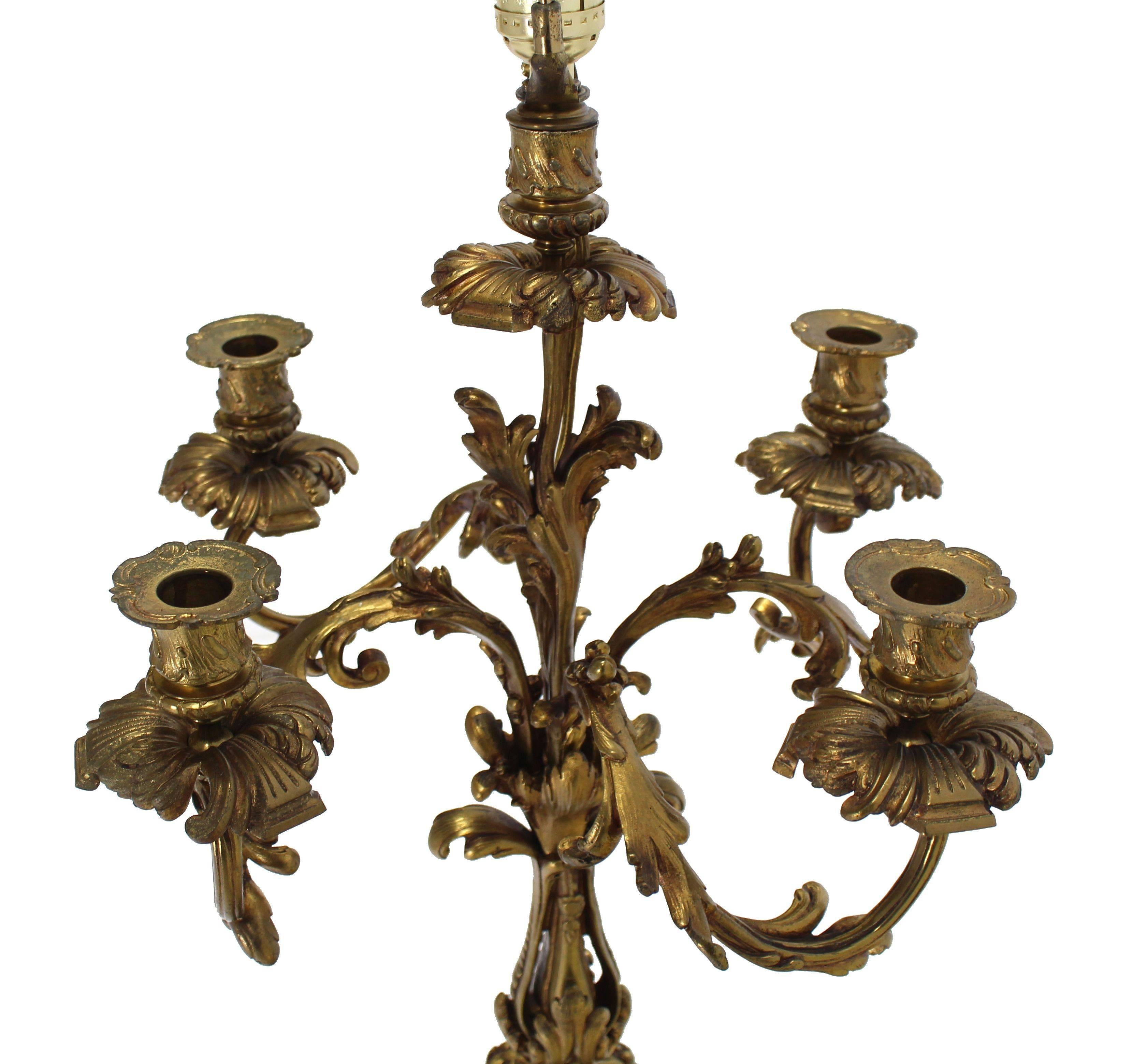 Mid-Century Modern Rococo Style Gilt Metal Candelabra Table Lamp For Sale