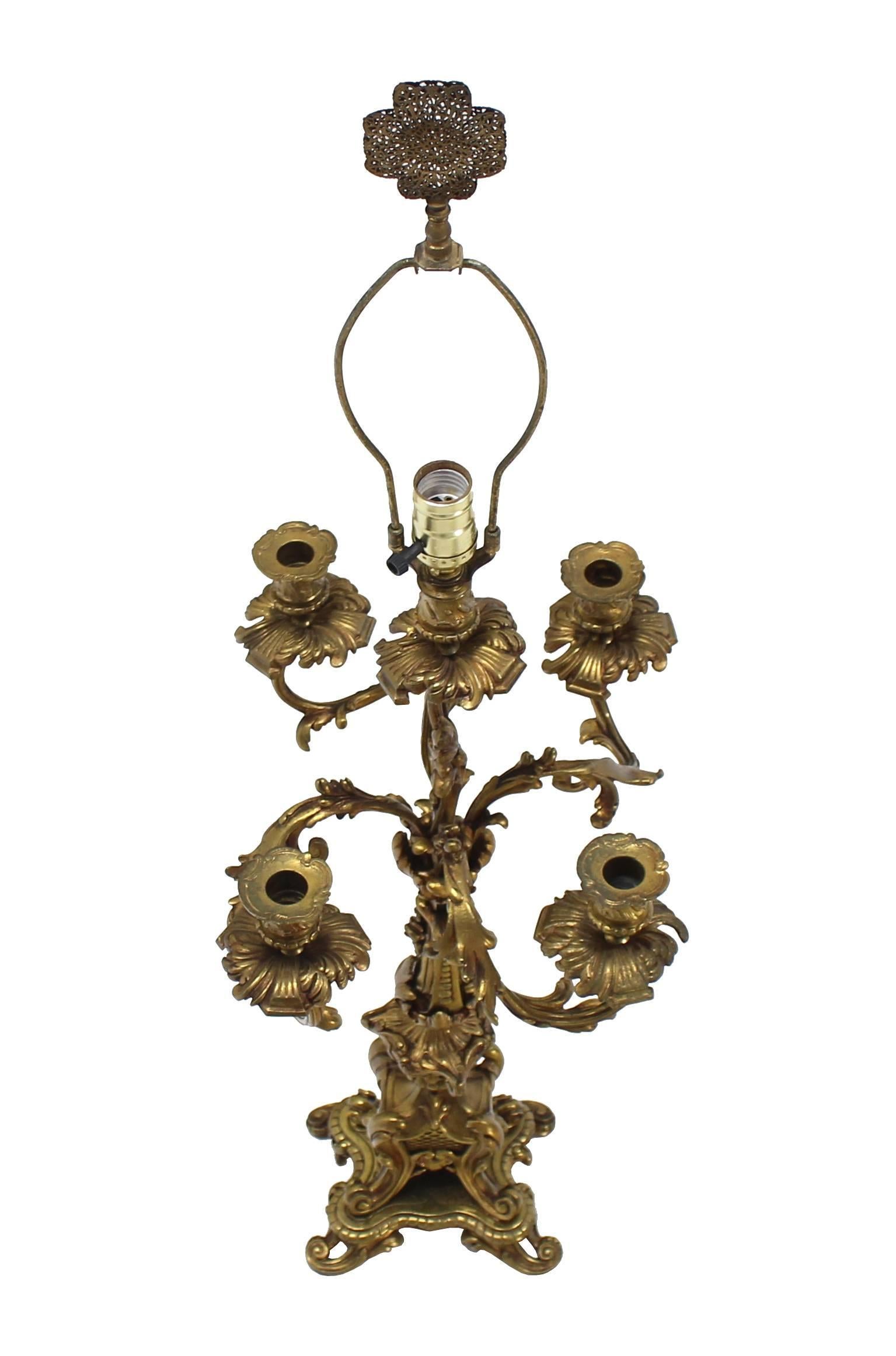 American Rococo Style Gilt Metal Candelabra Table Lamp For Sale