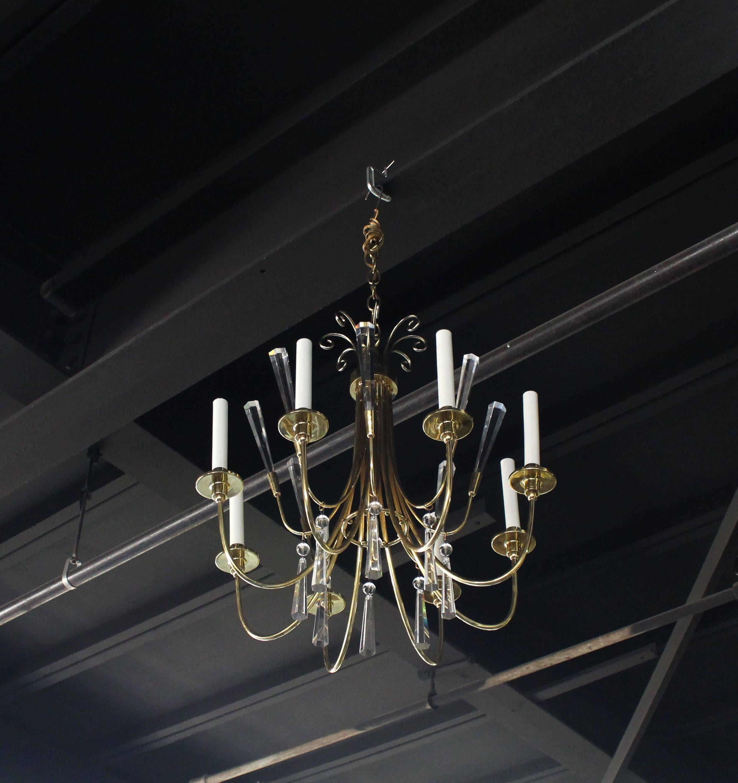 American Brass and Lucite Mid-Century Modern Light Fixture Chandelier  For Sale