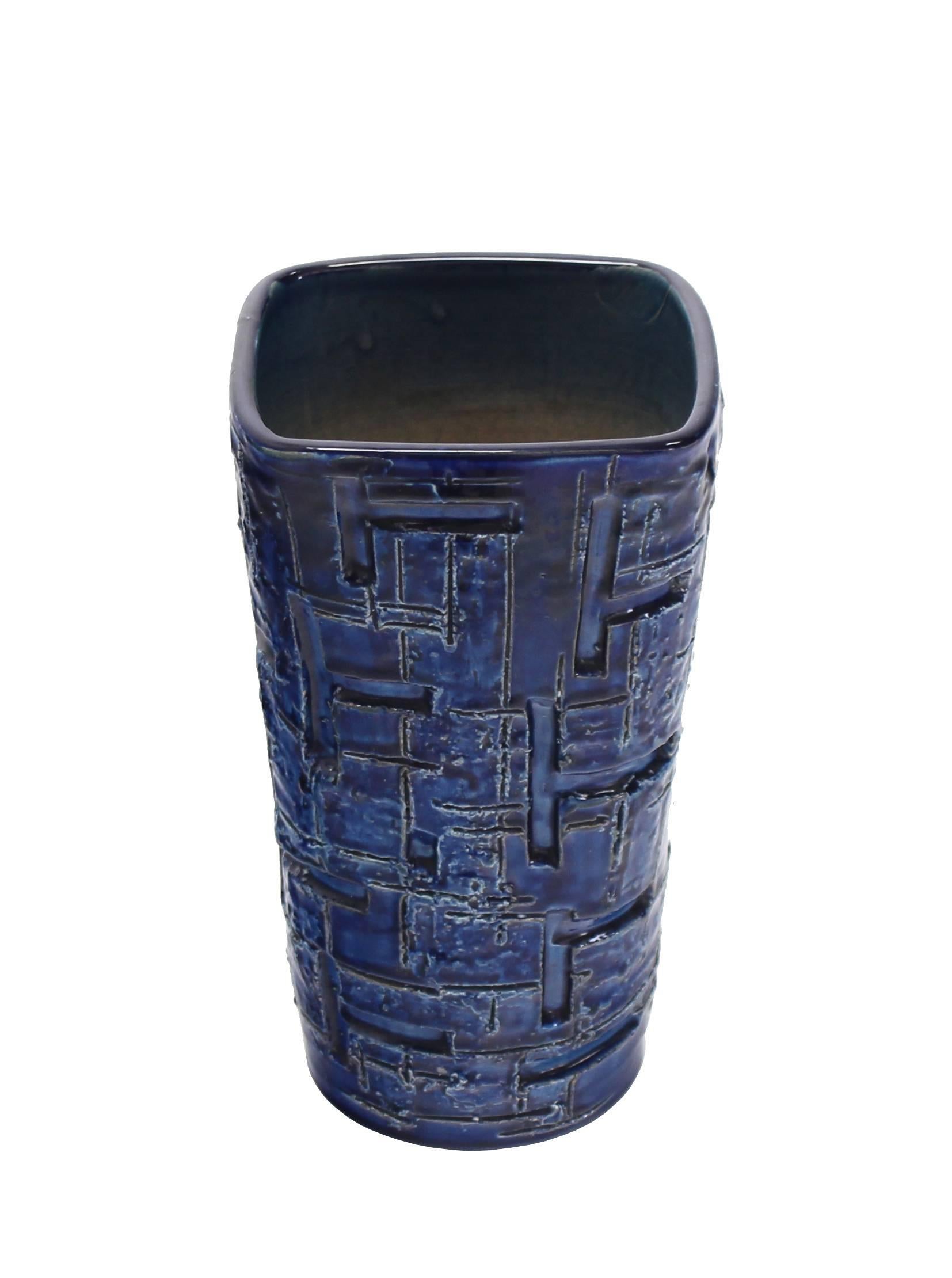 American Cobalt Blue Glaze Mid-Century Modern Tapered Shape Square to Round Pottery Vase