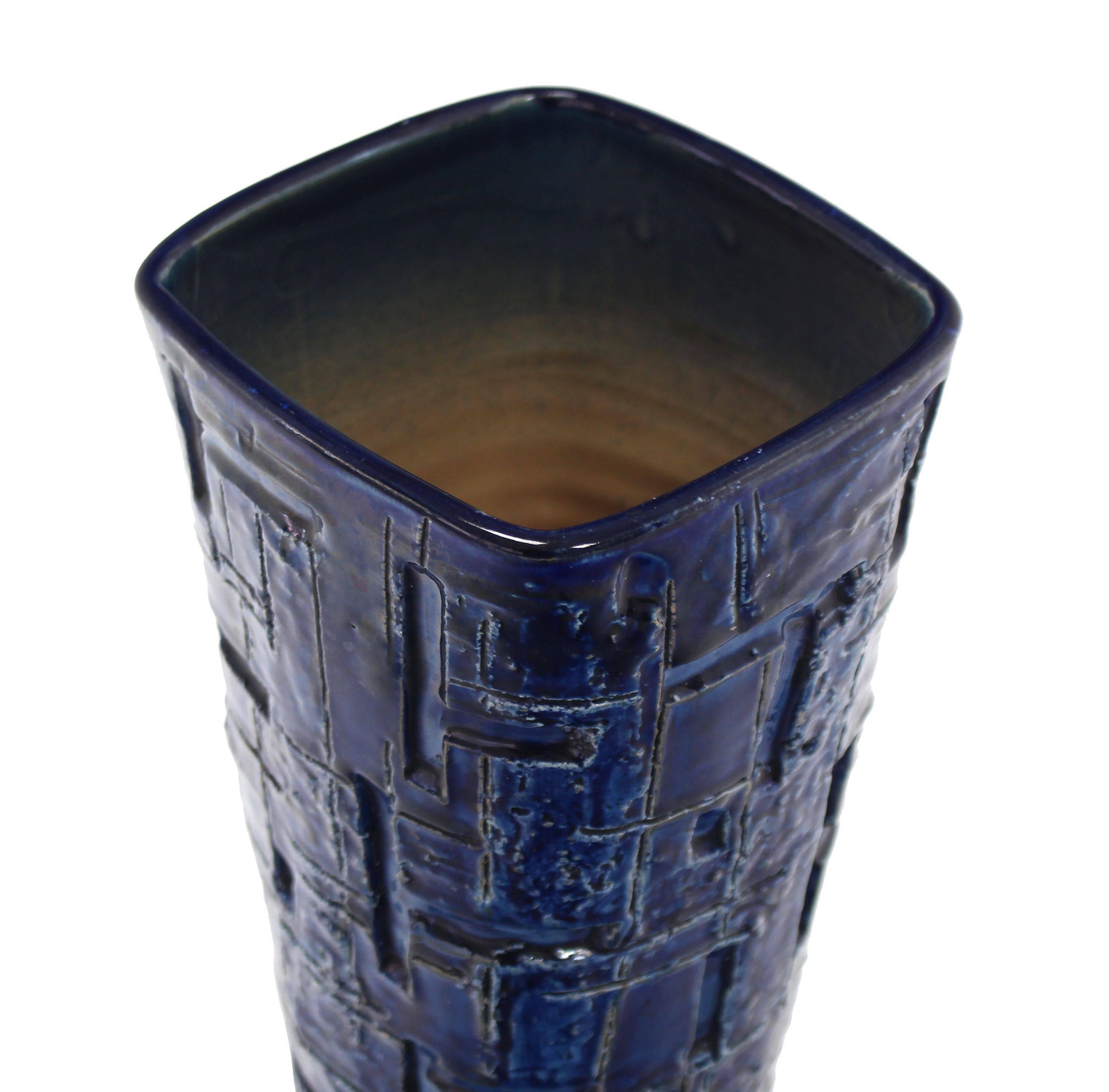 20th Century Cobalt Blue Glaze Mid-Century Modern Tapered Shape Square to Round Pottery Vase