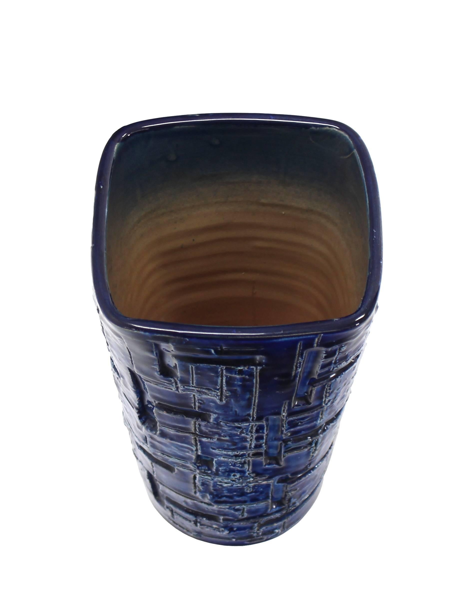 Cobalt Blue Glaze Mid-Century Modern Tapered Shape Square to Round Pottery Vase 1