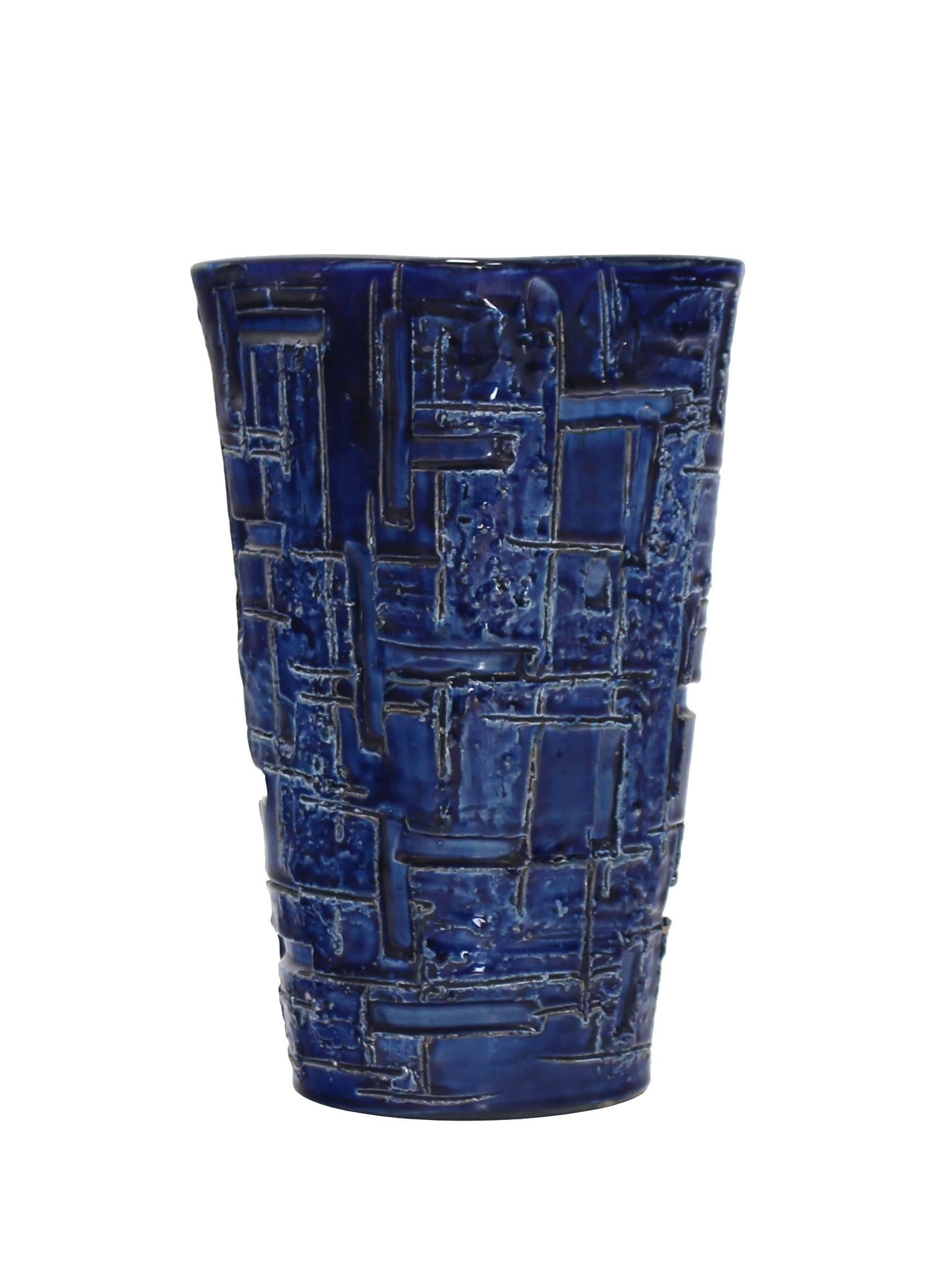 Cobalt Blue Glaze Mid-Century Modern Tapered Shape Square to Round Pottery Vase 3