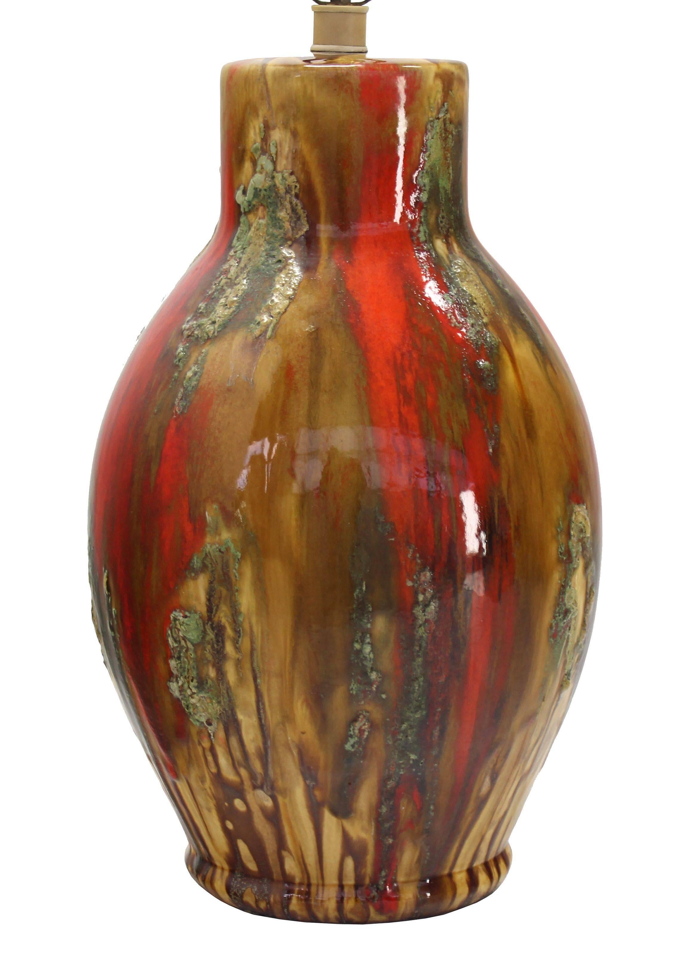 American Art Pottery Drip Glazed Vase Shape Table Lamp Red and Yellow Lava 