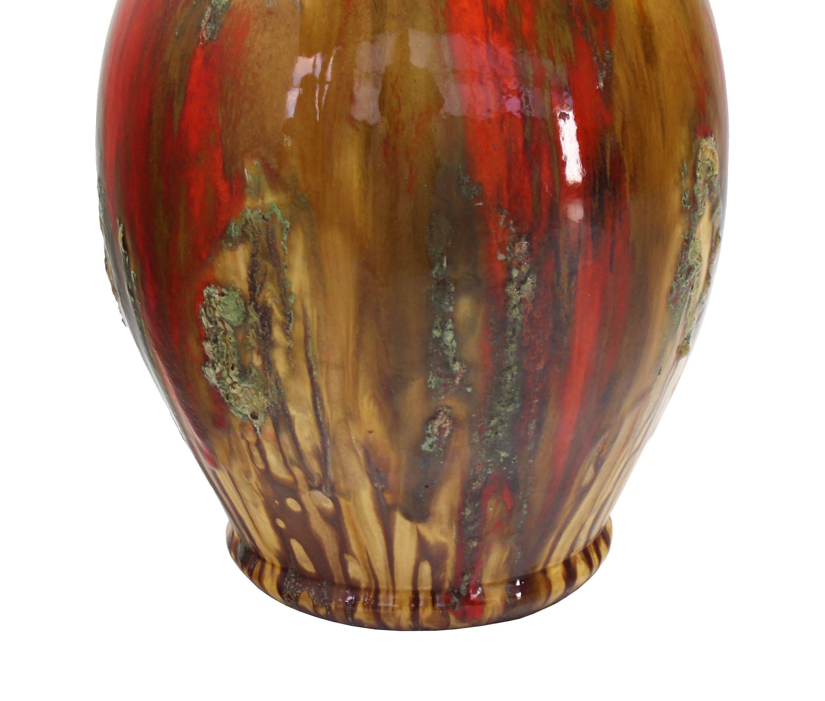Art Pottery Drip Glazed Vase Shape Table Lamp Red and Yellow Lava  In Excellent Condition In Rockaway, NJ