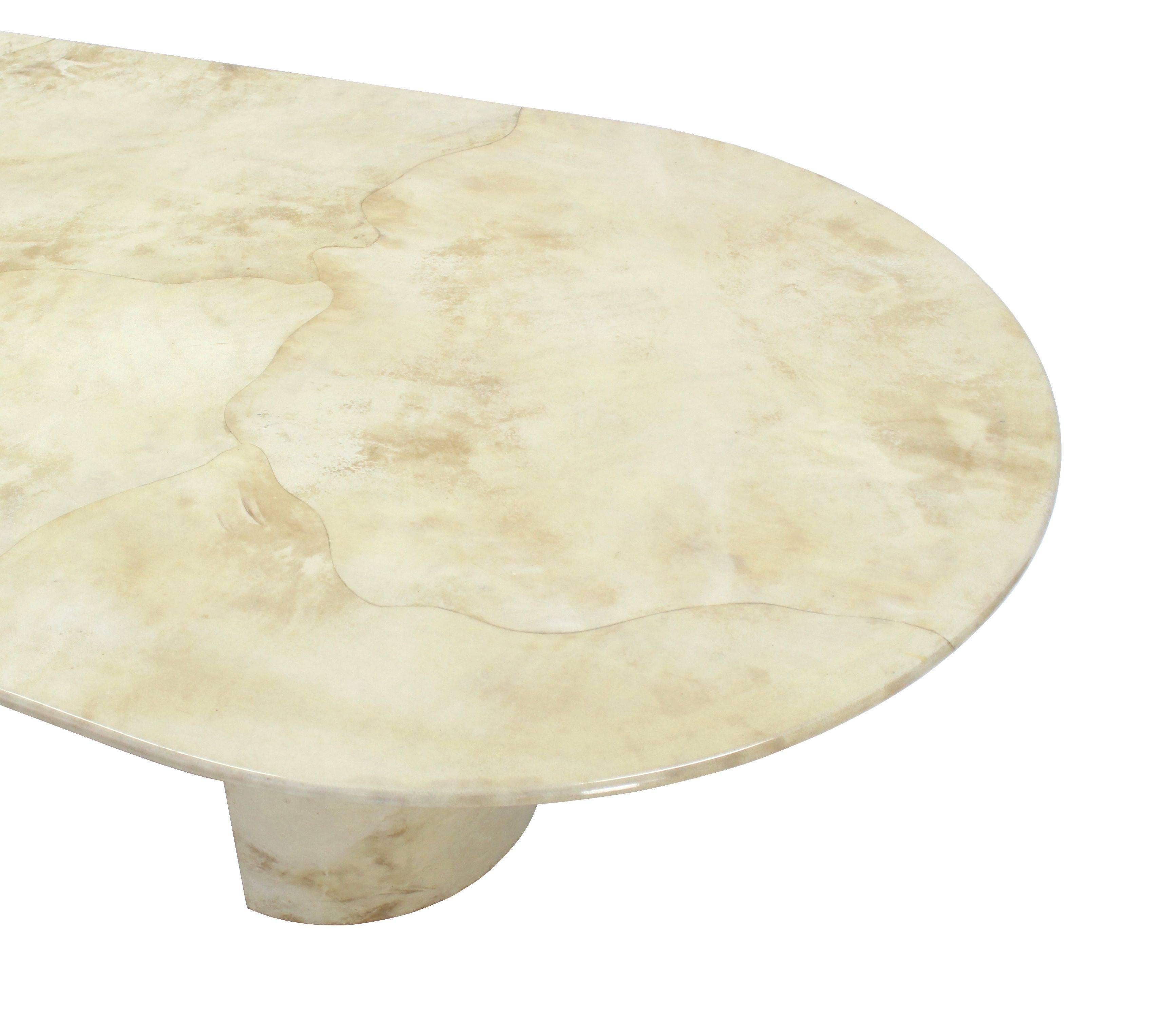 Mid-Century Modern Goatskin Parchment Two Pedestal Oval Dining Table