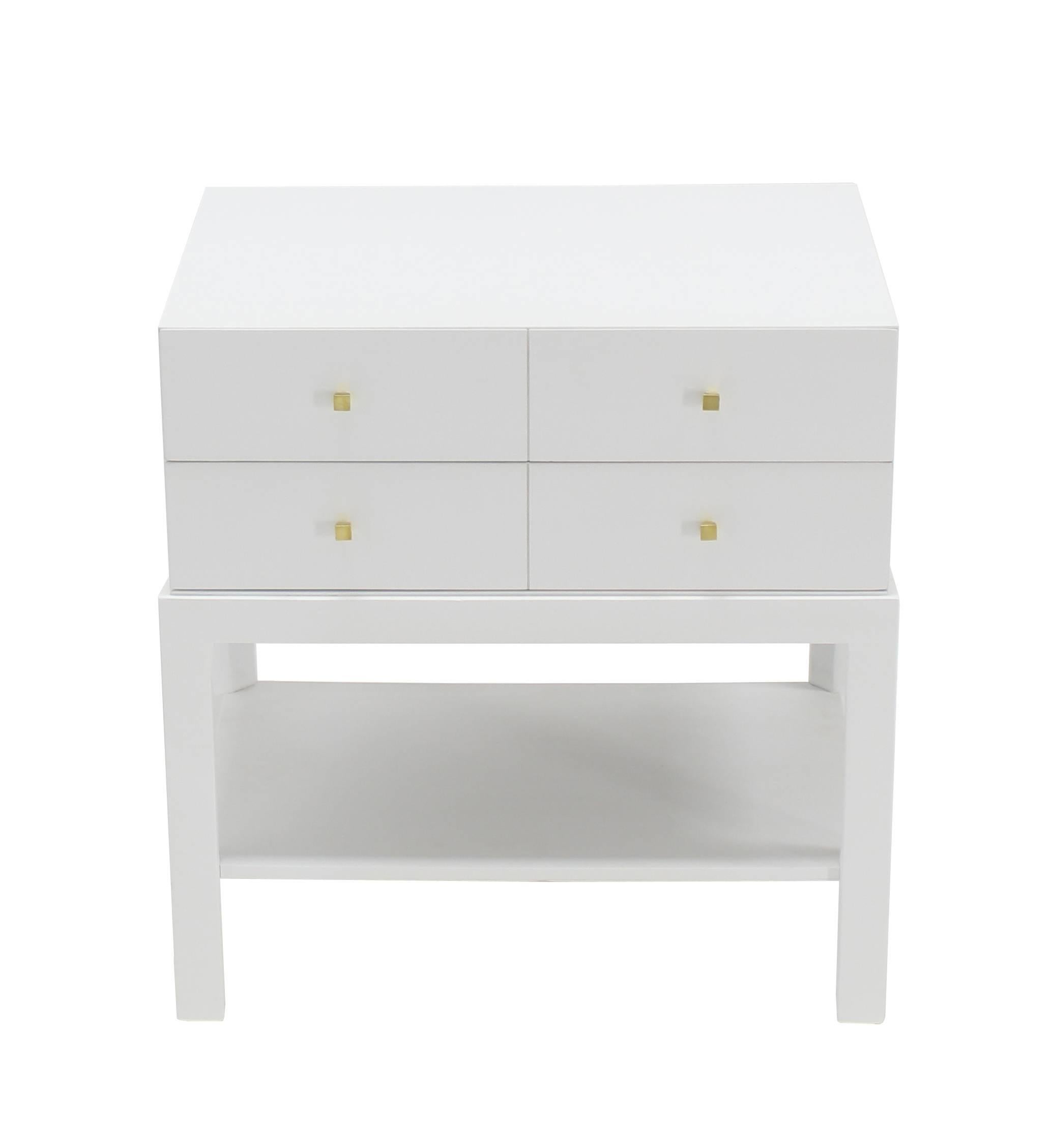 Mid-Century Modern White Lacquer Diamond Shape Brass Dimond Pulls Two Drawer Nightstand For Sale