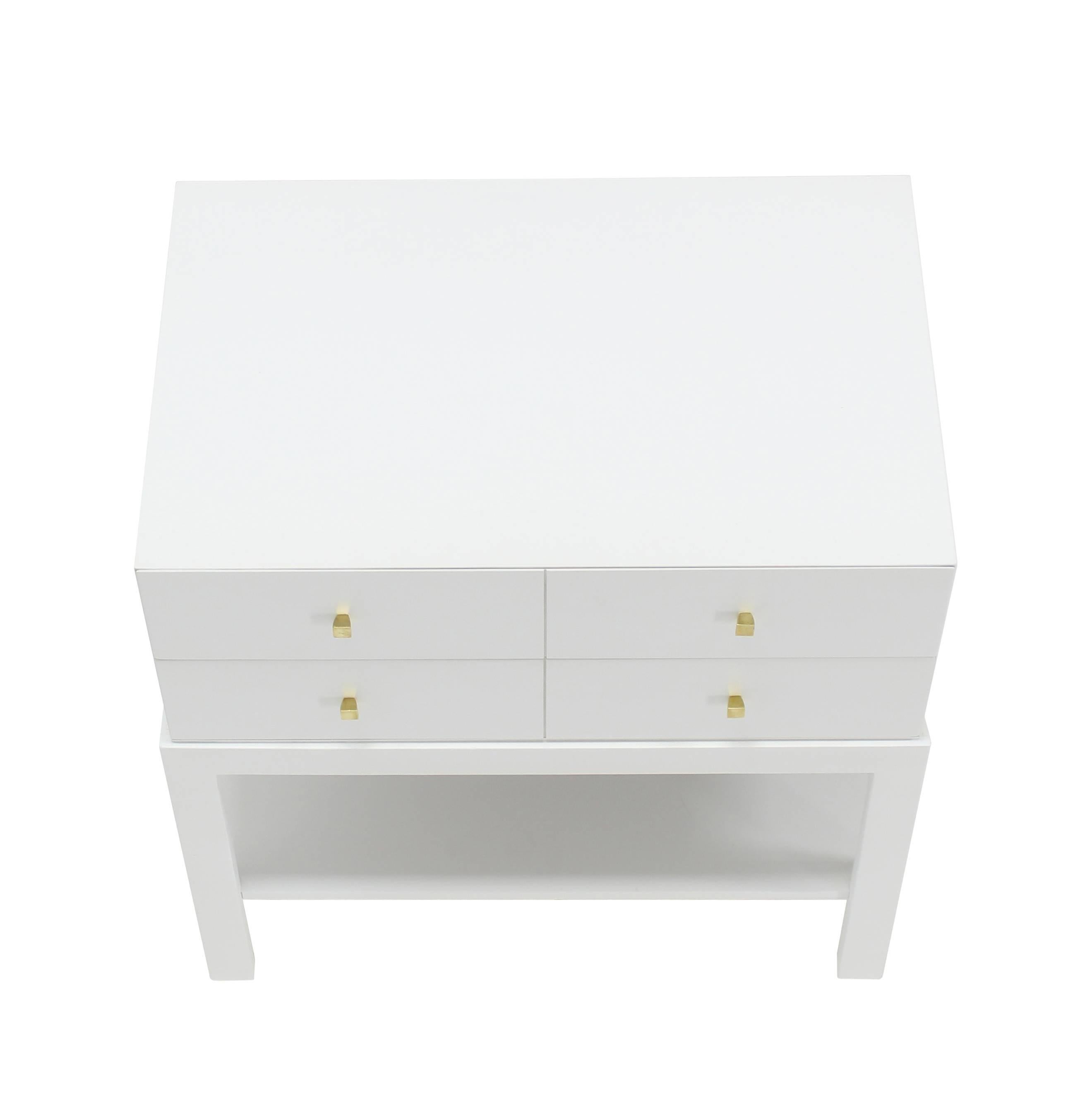 American White Lacquer Diamond Shape Brass Dimond Pulls Two Drawer Nightstand For Sale
