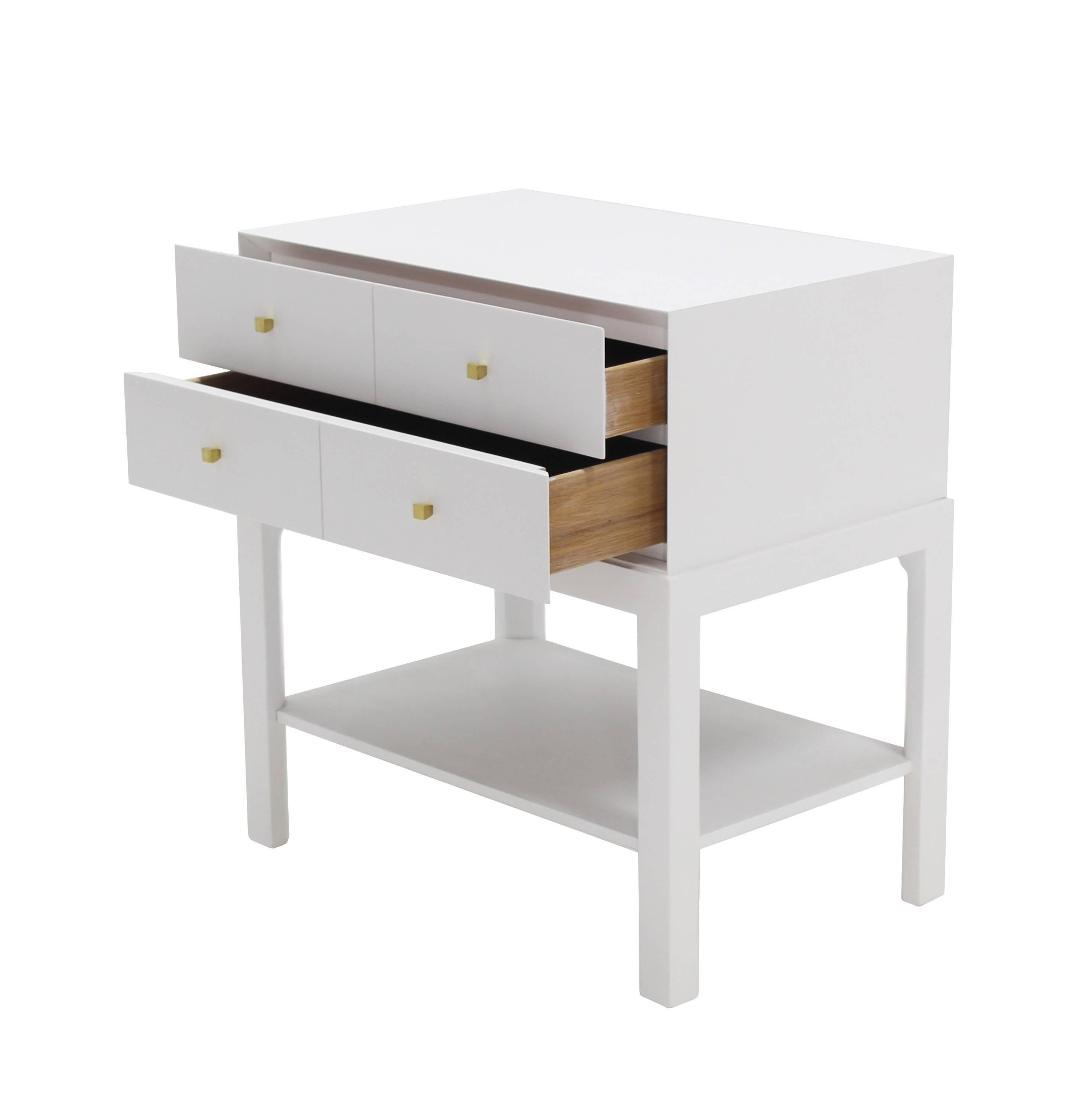 Lacquered White Lacquer Diamond Shape Brass Dimond Pulls Two Drawer Nightstand For Sale