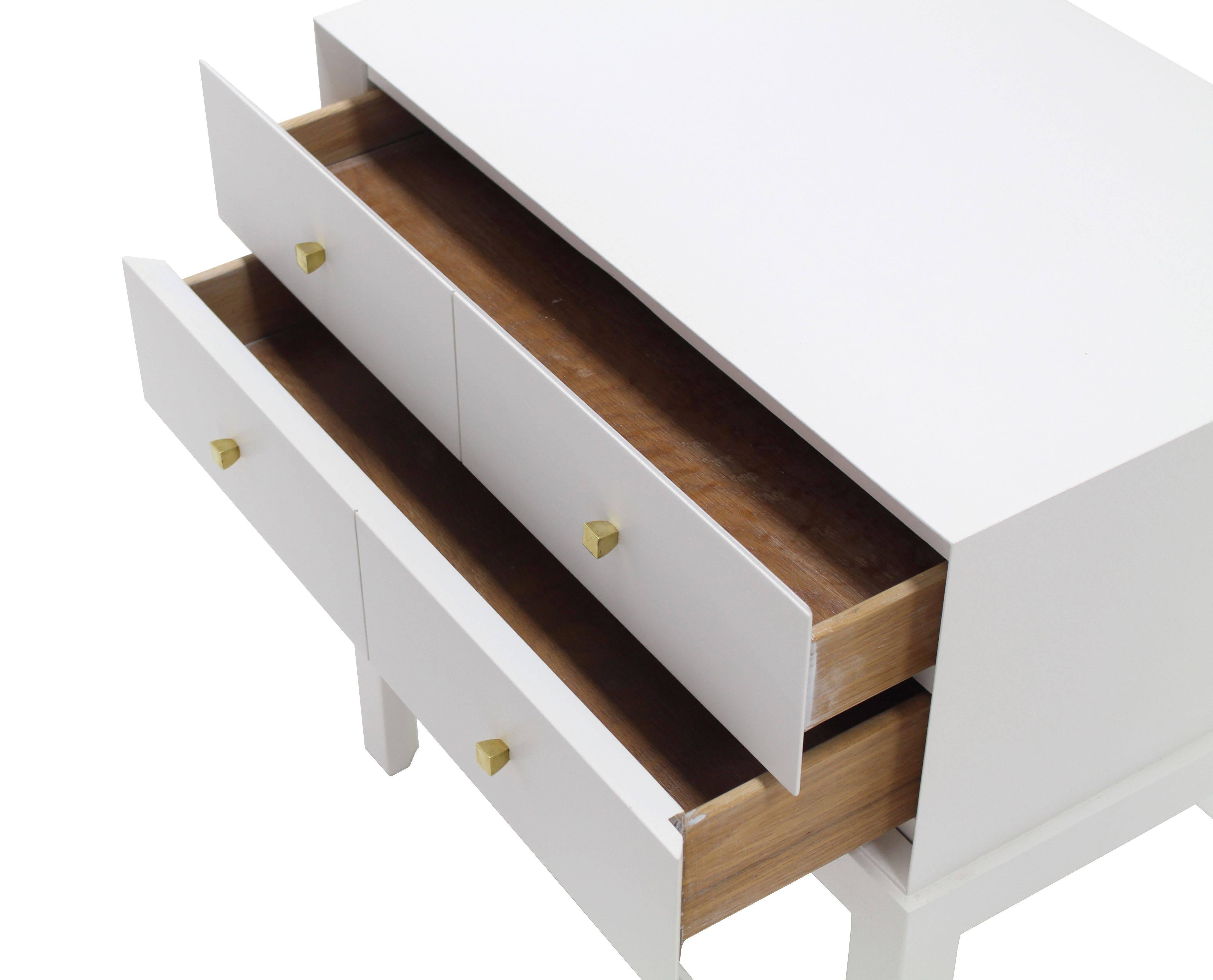 20th Century White Lacquer Diamond Shape Brass Dimond Pulls Two Drawer Nightstand For Sale