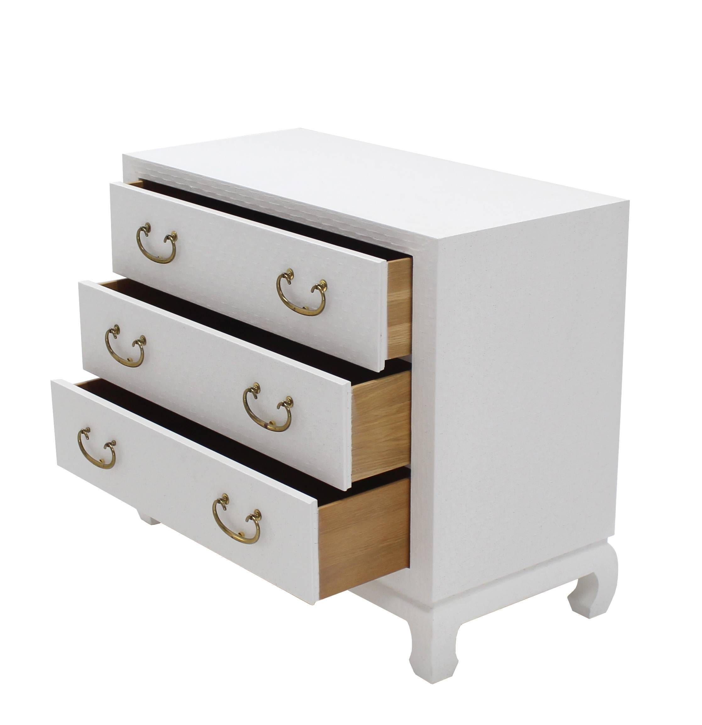Baker Three-Drawer White Lacquer Cloth Cabinet Brass Pulls In Excellent Condition In Rockaway, NJ