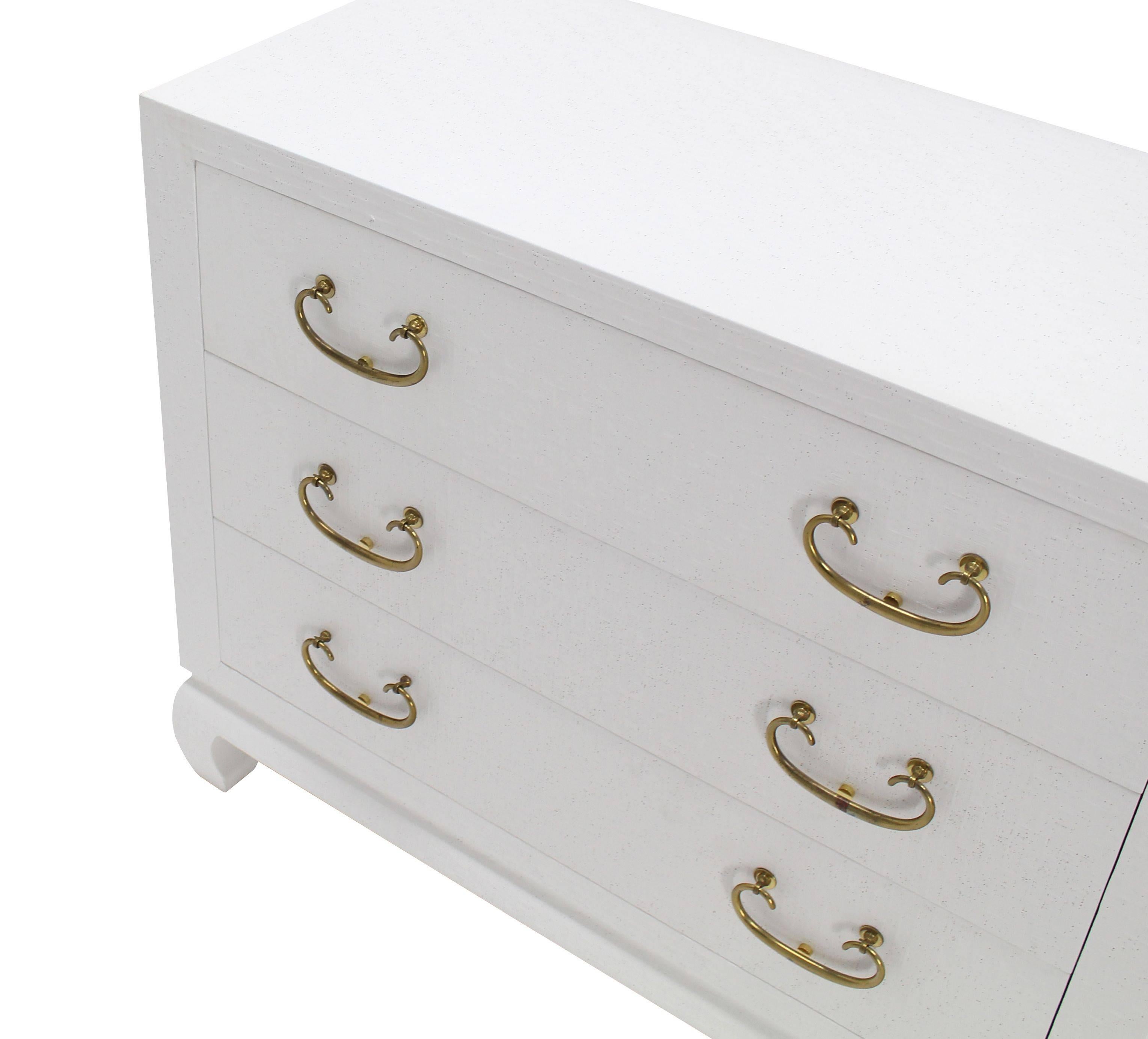 20th Century Baker Three-Drawer White Lacquer Cloth Cabinet Brass Pulls